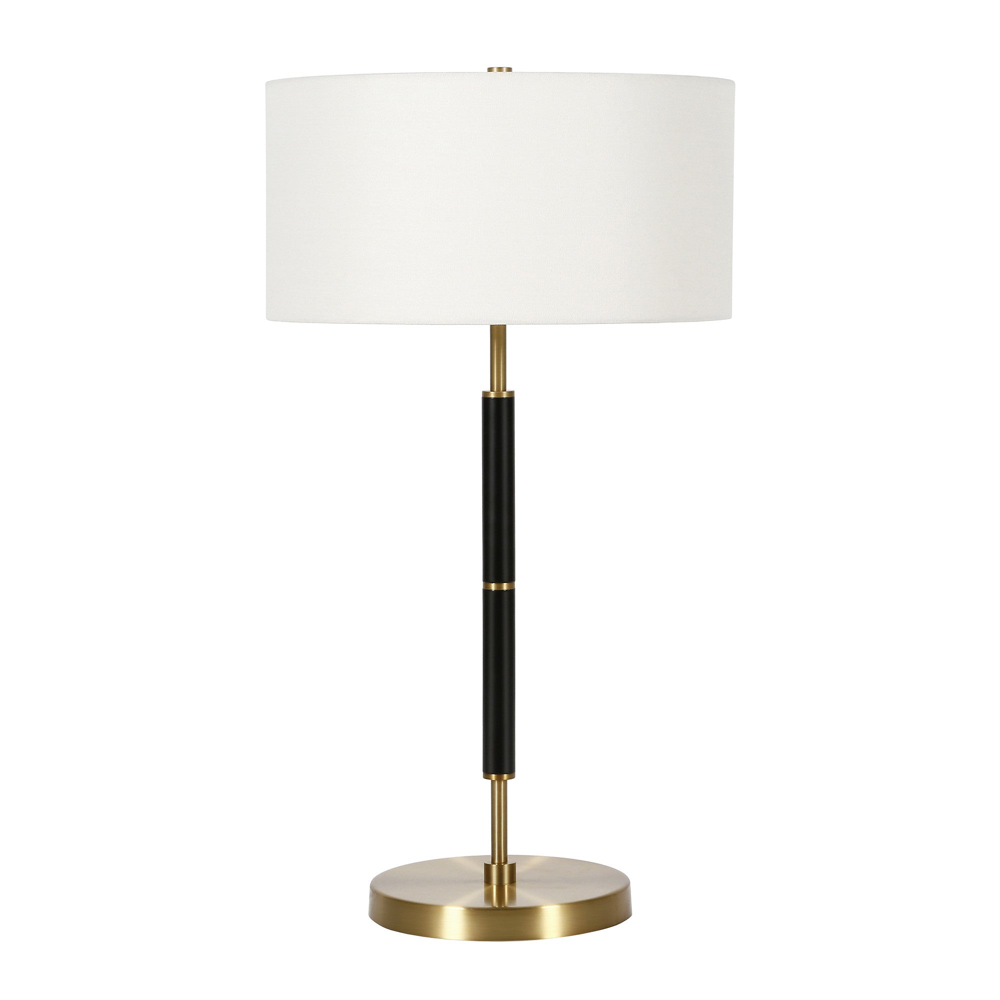 25 Black and Gold Metal Two Light Table Lamp With White Drum Shade