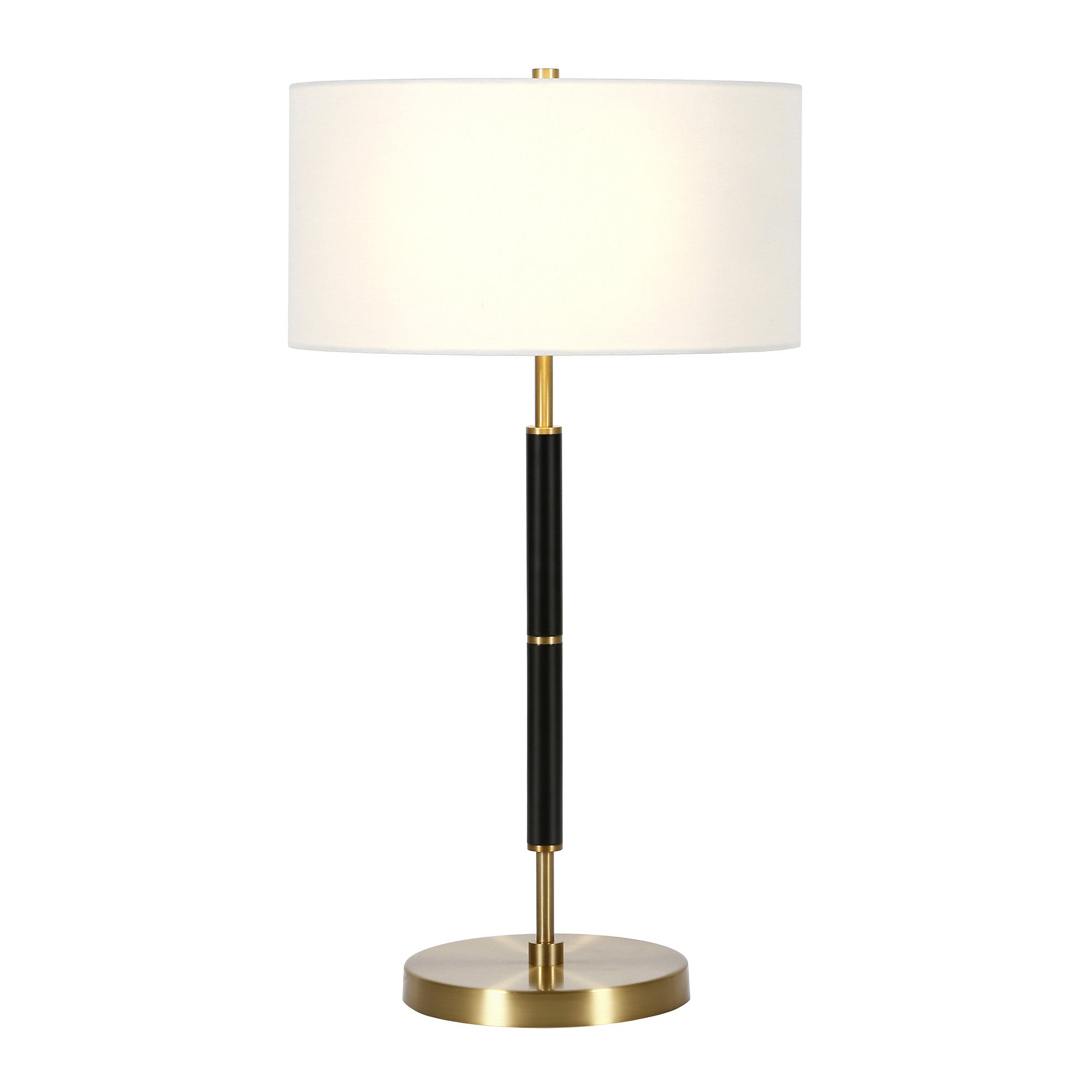 25 Black and Gold Metal Two Light Table Lamp With White Drum Shade