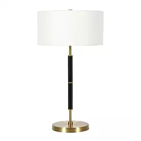 25 Black and Gold Metal Two Light Table Lamp With White Drum Shade