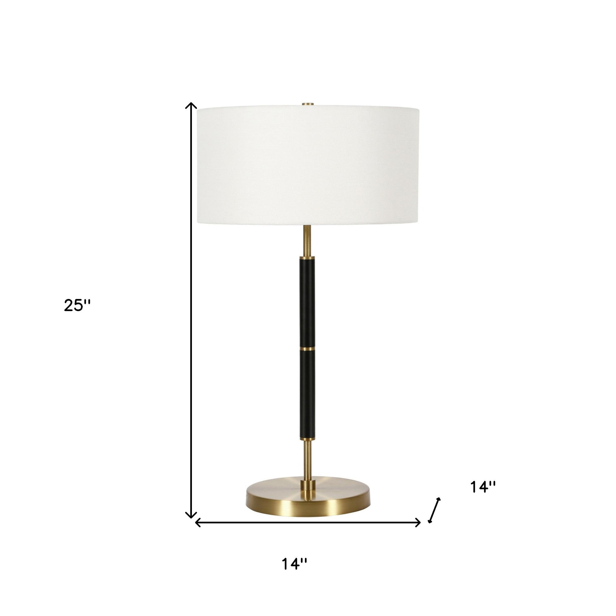 25 Black and Gold Metal Two Light Table Lamp With White Drum Shade