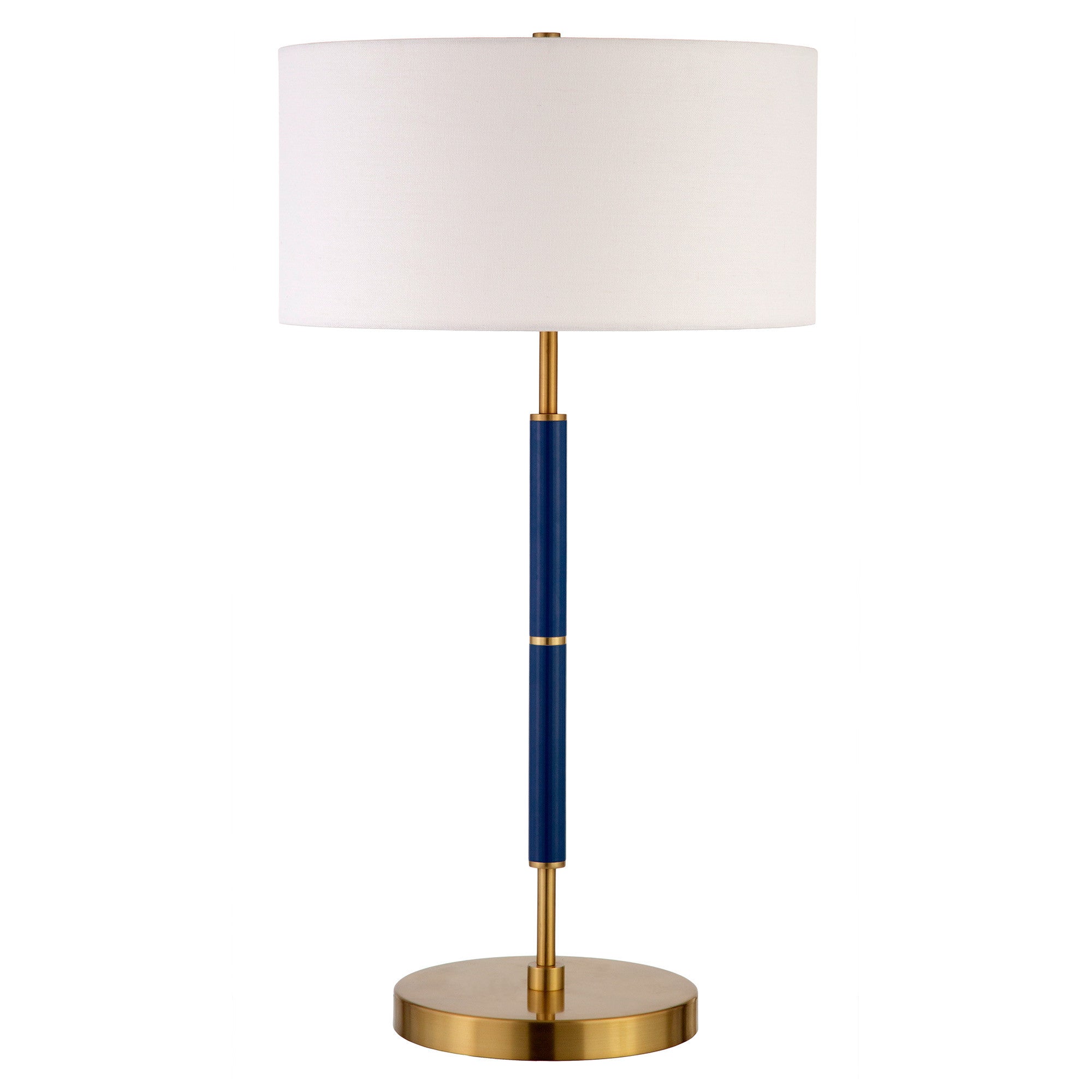 25 Blue and Gold Metal Two Light Table Lamp With White Drum Shade