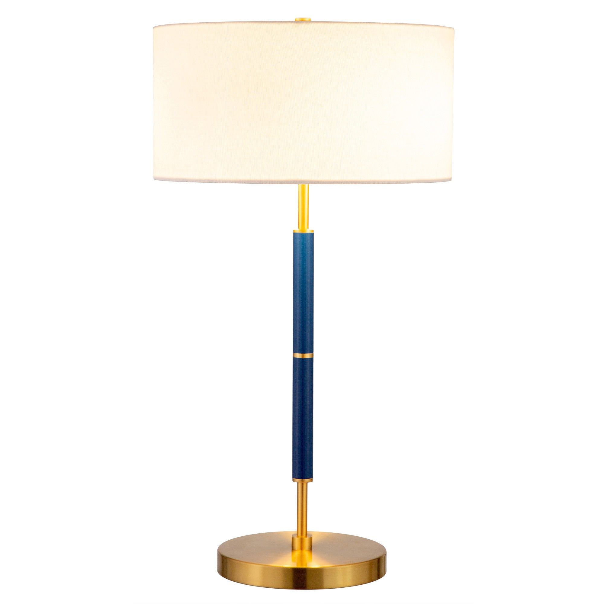 25 Blue and Gold Metal Two Light Table Lamp With White Drum Shade