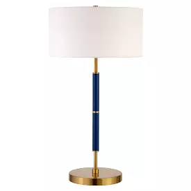 25 Blue and Gold Metal Two Light Table Lamp With White Drum Shade