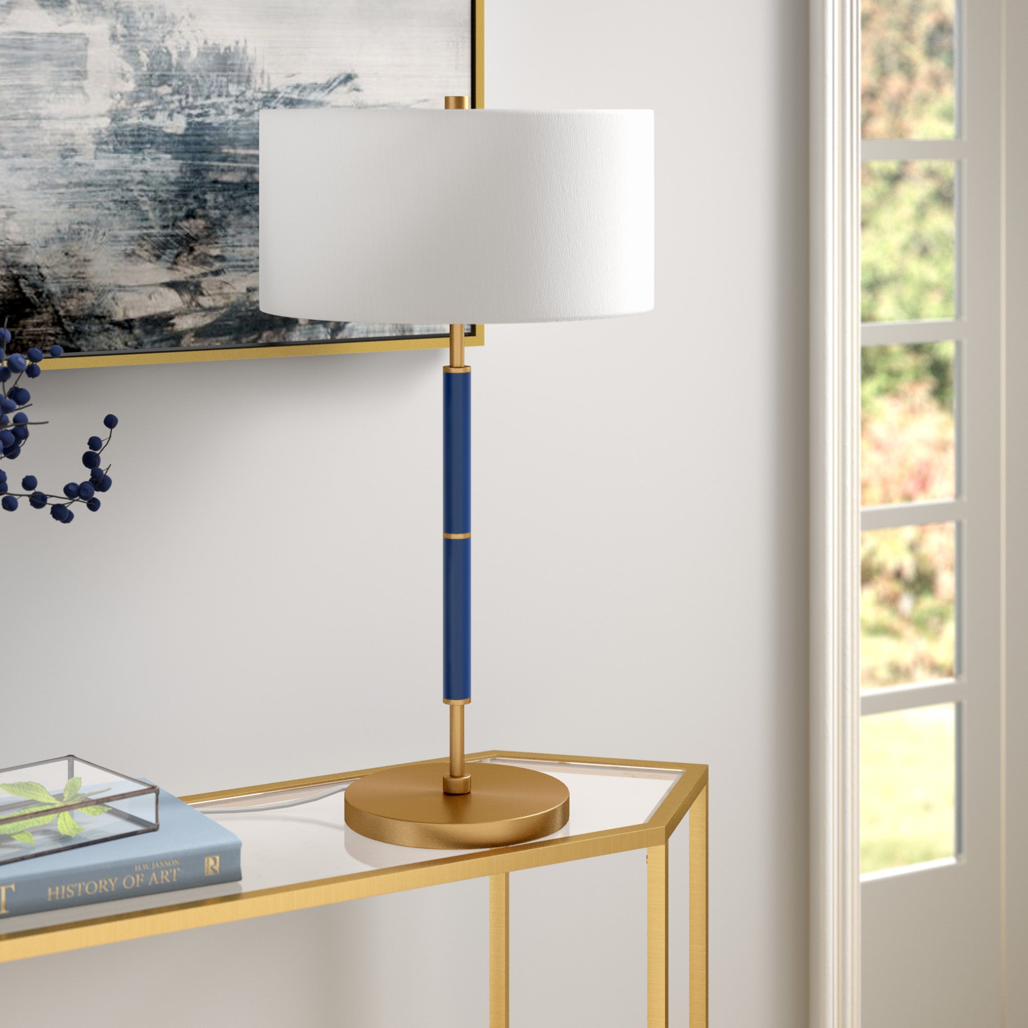 25 Blue and Gold Metal Two Light Table Lamp With White Drum Shade