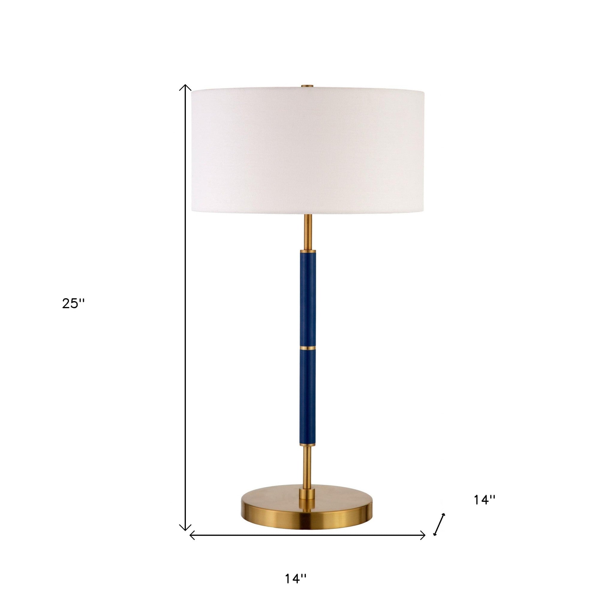 25 Blue and Gold Metal Two Light Table Lamp With White Drum Shade