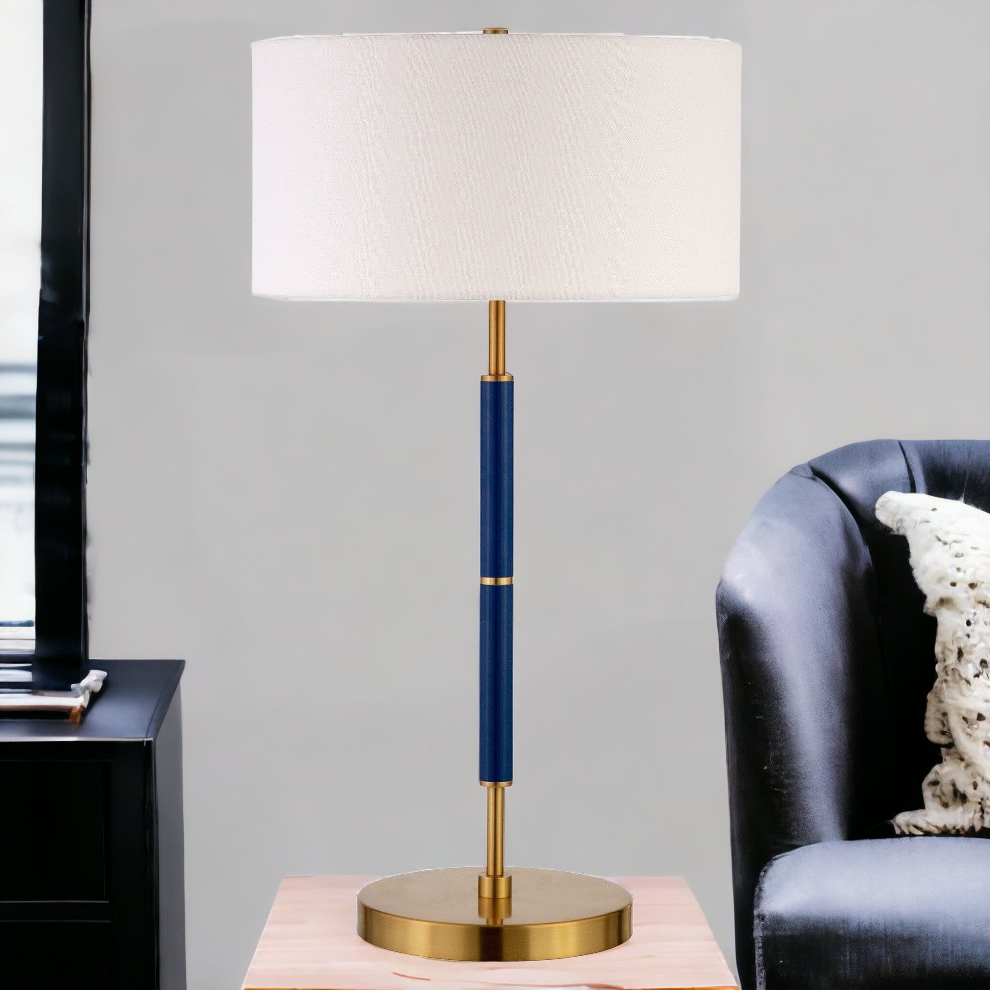 25 Blue and Gold Metal Two Light Table Lamp With White Drum Shade