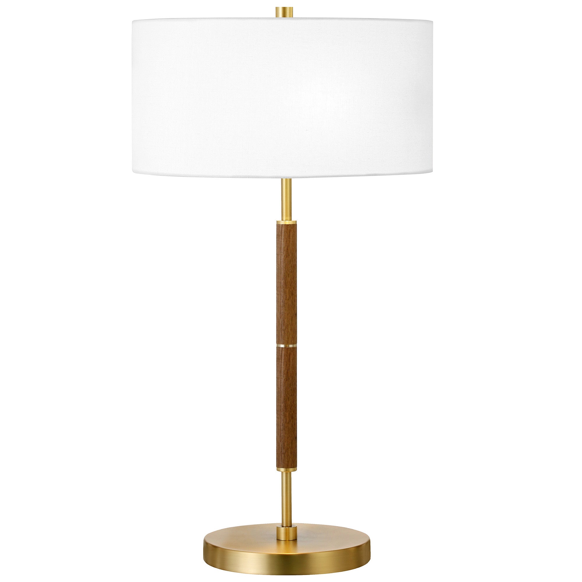 25 Gold and Oak Metal Two Light Table Lamp With White Drum Shade