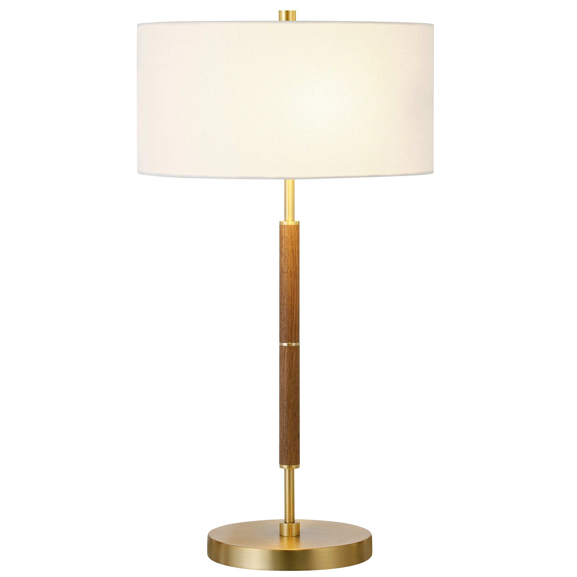 25 Gold and Oak Metal Two Light Table Lamp With White Drum Shade