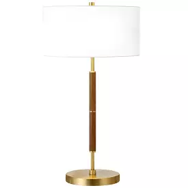 25 Gold and Oak Metal Two Light Table Lamp With White Drum Shade