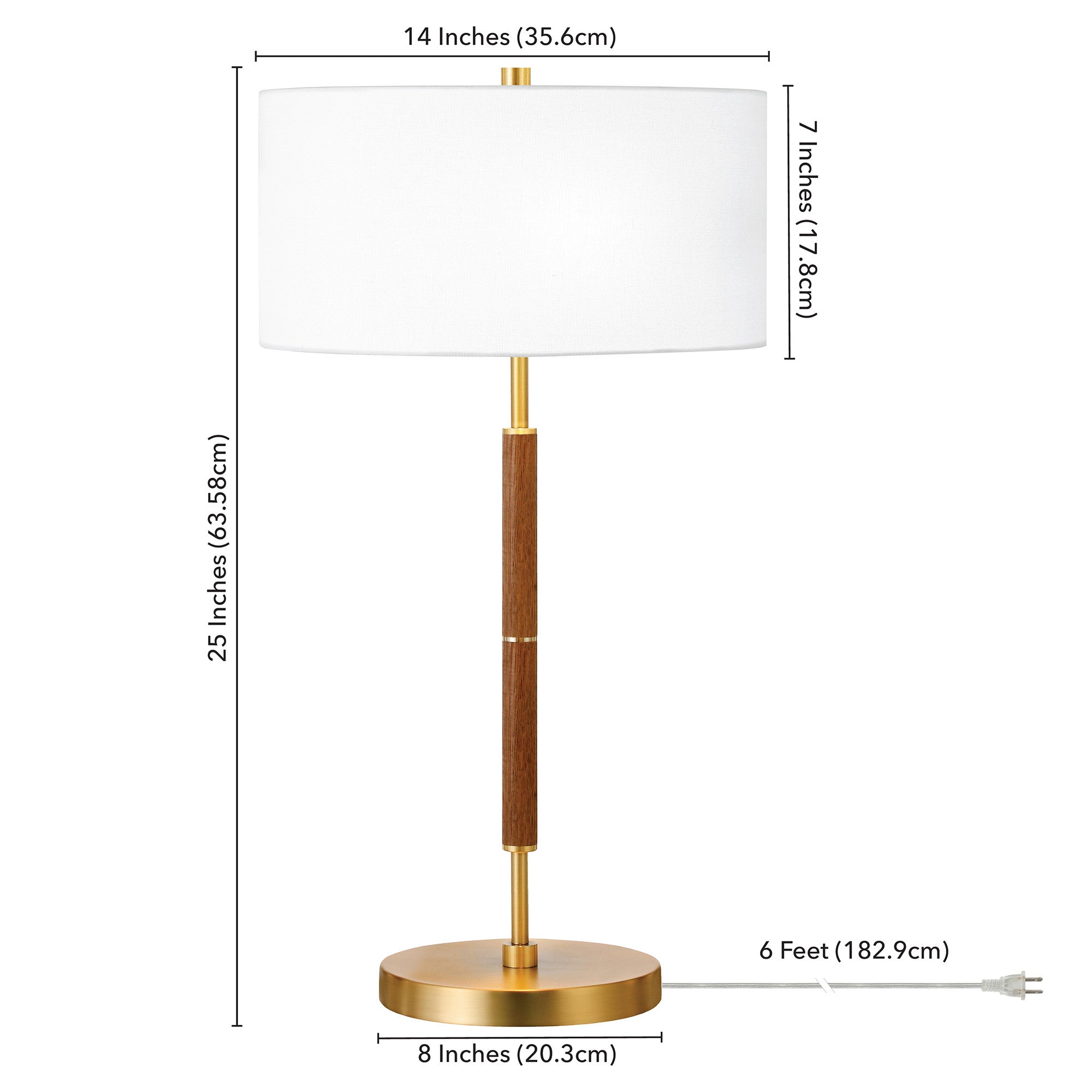 25 Gold and Oak Metal Two Light Table Lamp With White Drum Shade