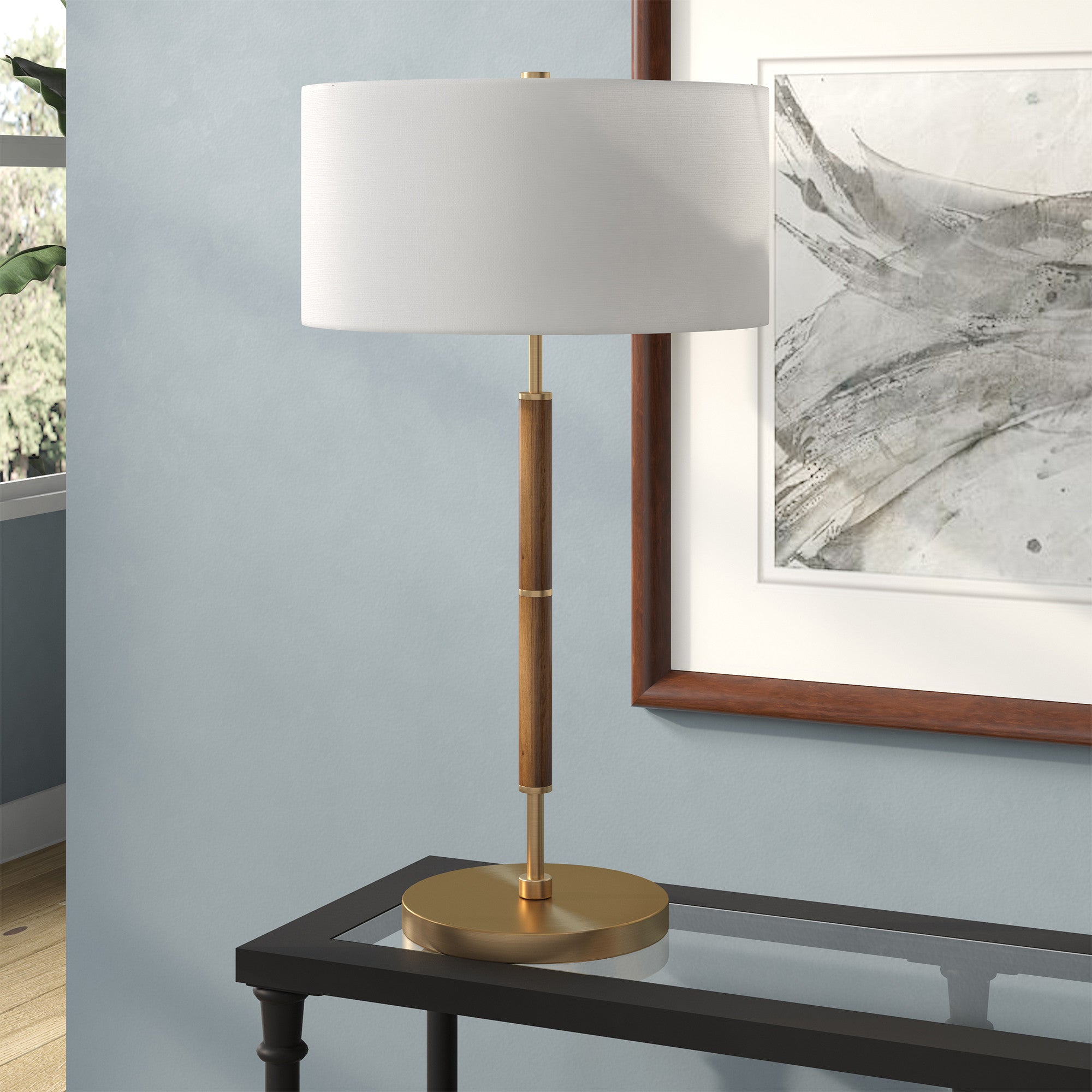 25 Gold and Oak Metal Two Light Table Lamp With White Drum Shade