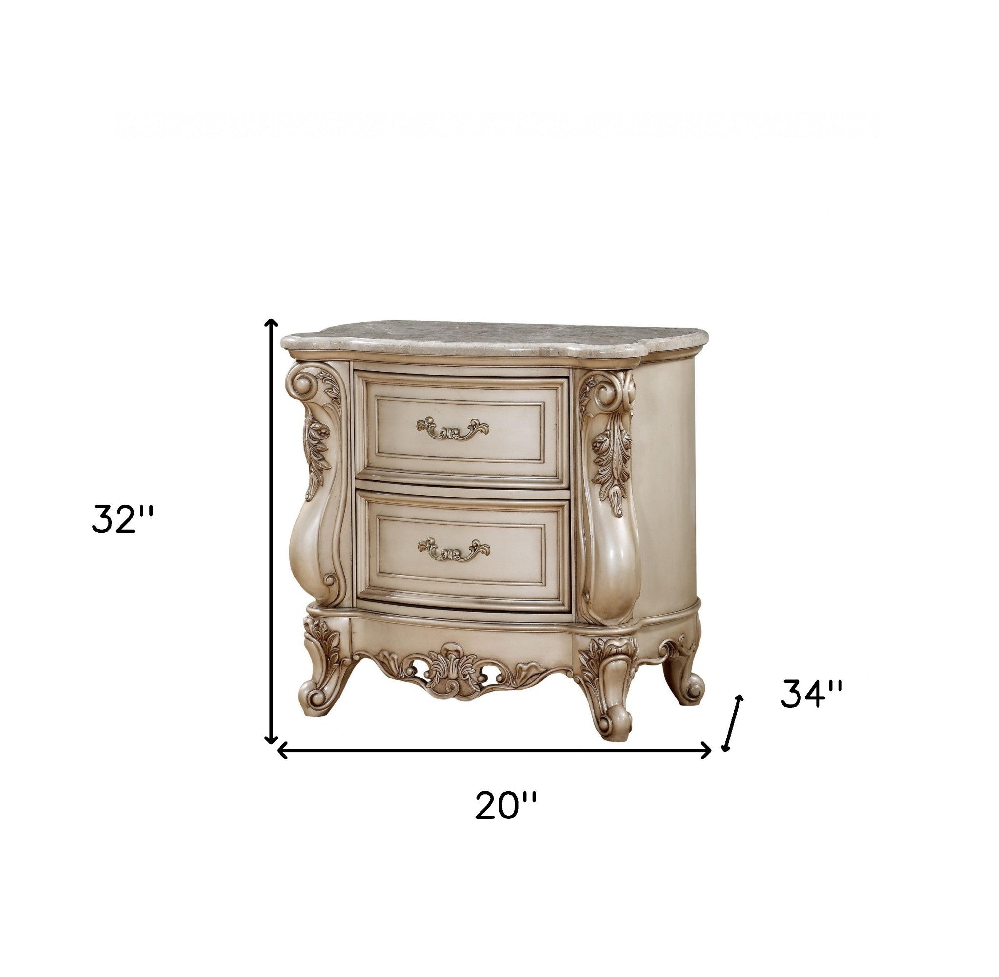 32 Antiqued White Two Drawers Mirrored Nightstand