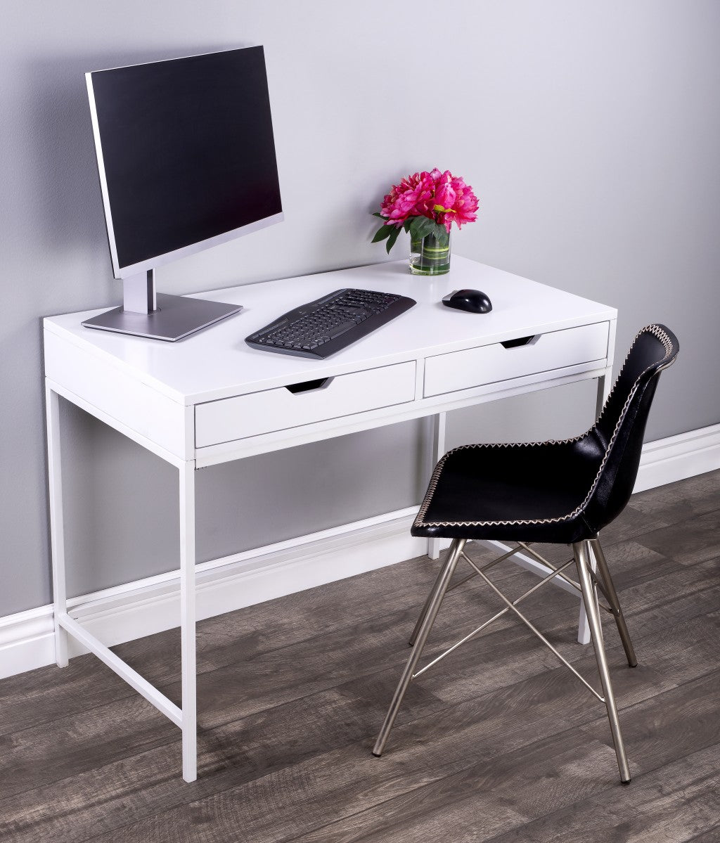 40 White Rubberwood Wood Writing Desk With Two Drawers