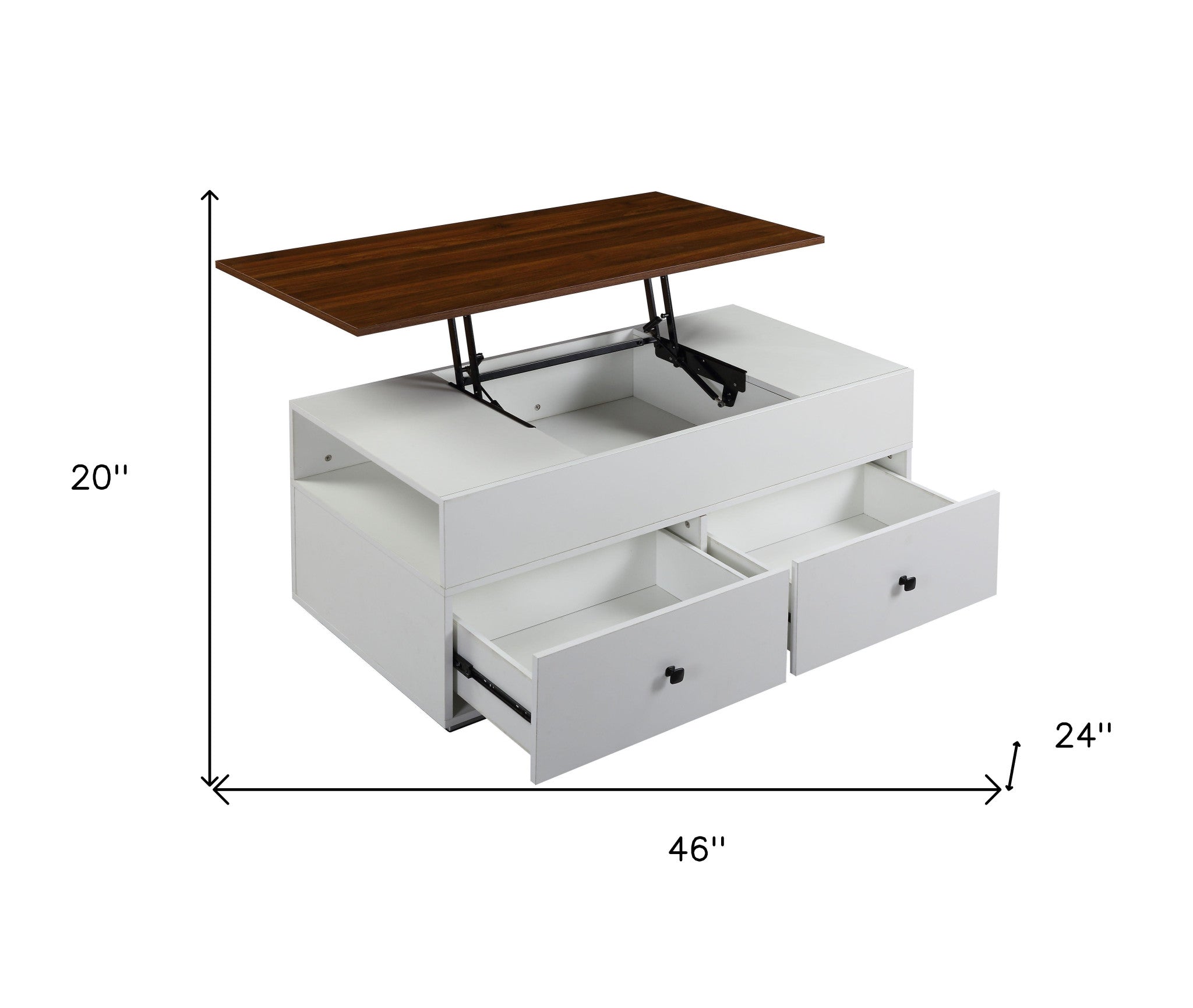 46 White And Walnut Lift Top Coffee Table With Two Drawers And Shelf