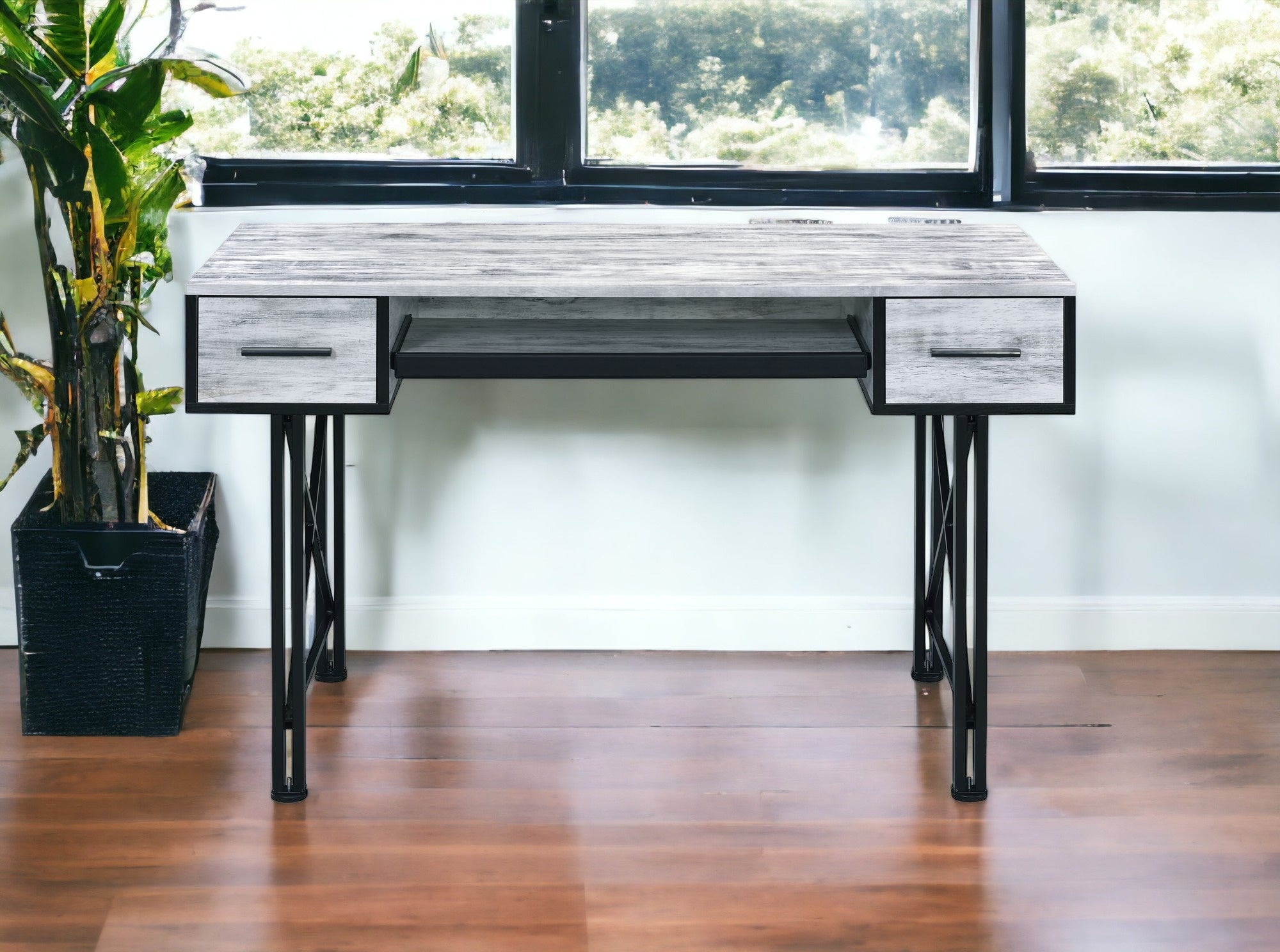 47 Antiqued White and Black Computer Desk With Two Drawers