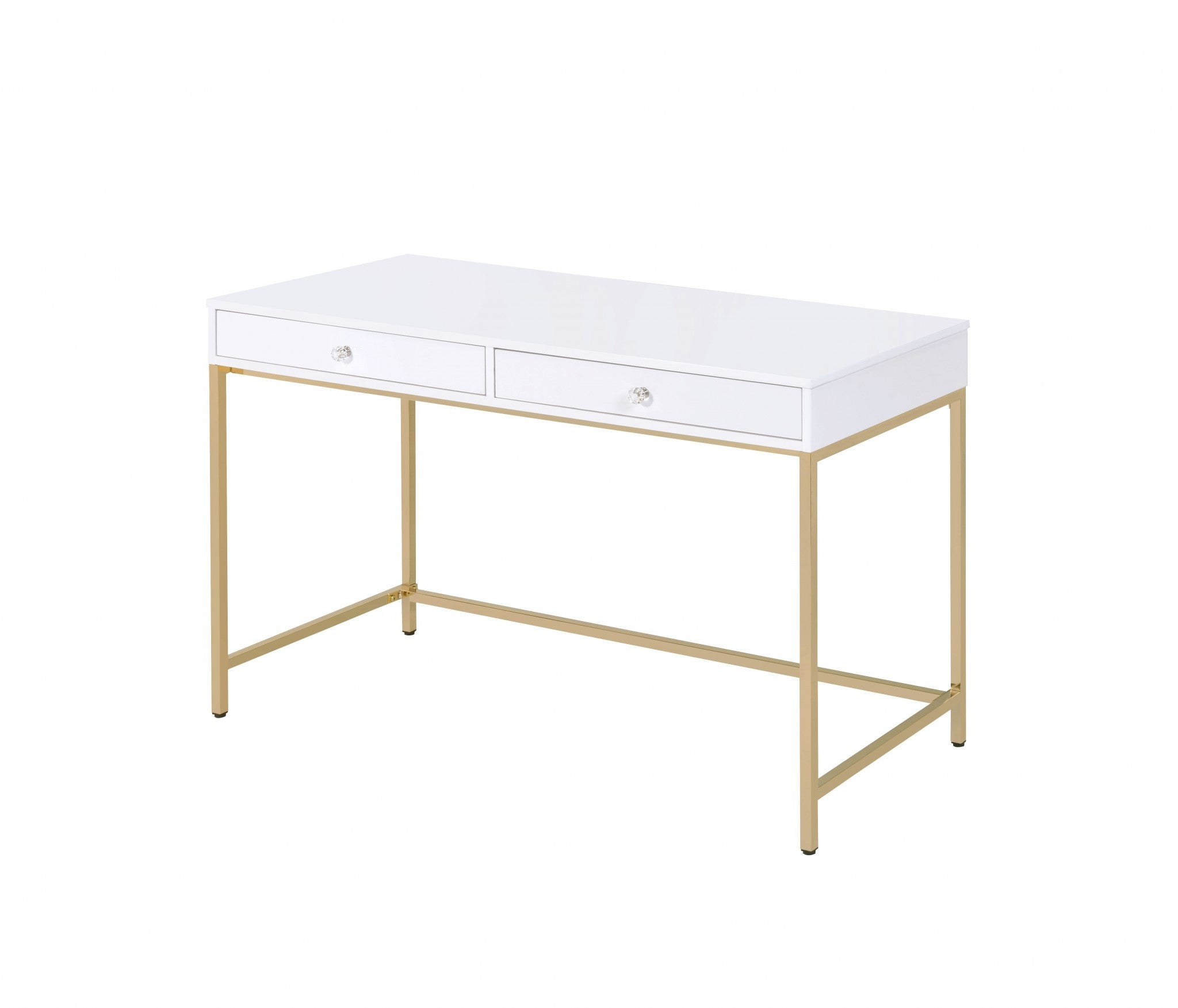 47 White and Gold Mirrored Computer Desk With Two Drawers