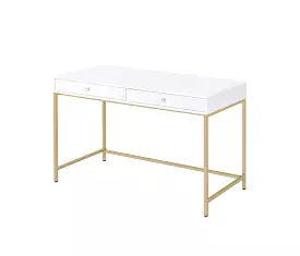 47 White and Gold Mirrored Computer Desk With Two Drawers