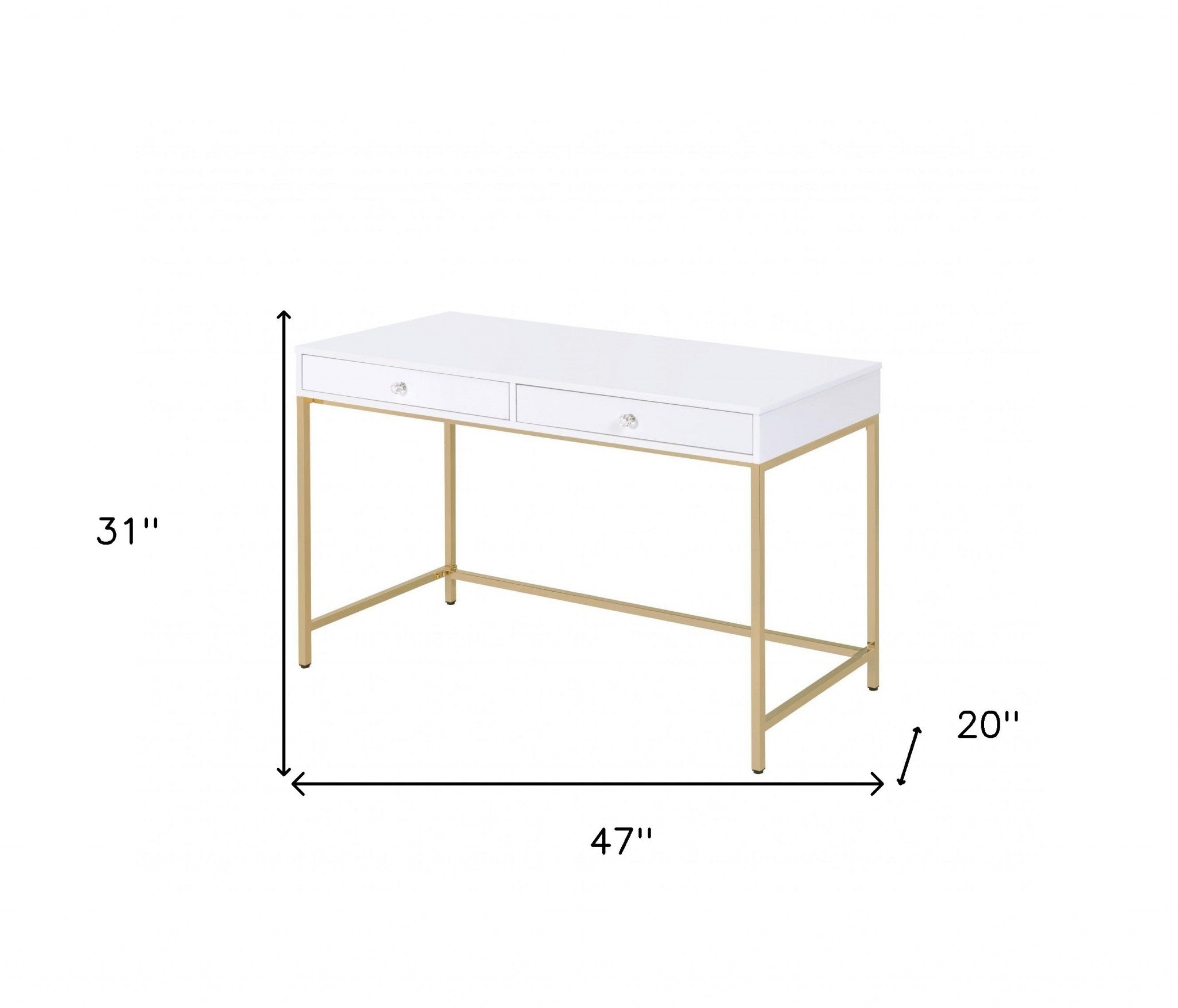 47 White and Gold Mirrored Computer Desk With Two Drawers