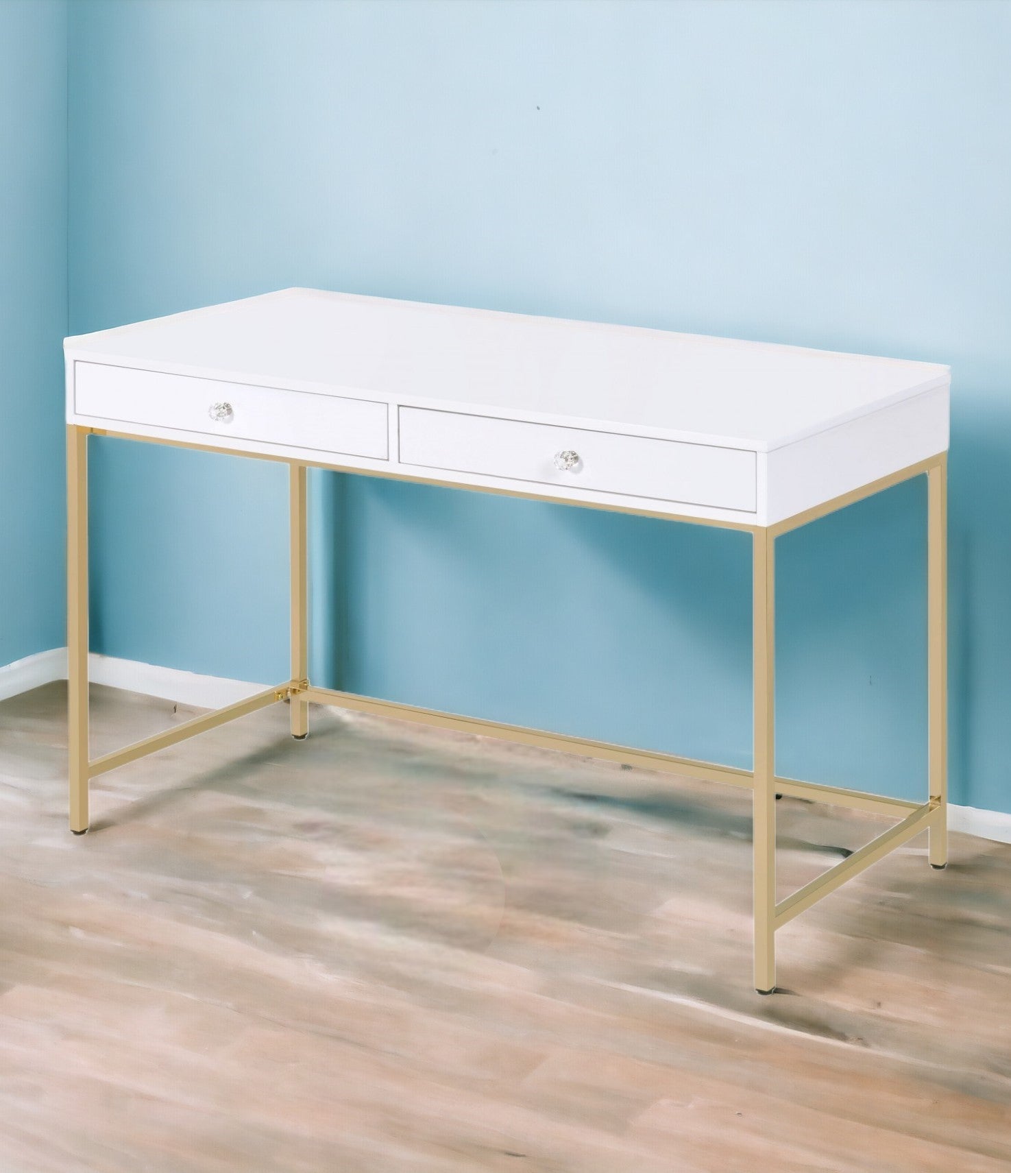 47 White and Gold Mirrored Computer Desk With Two Drawers