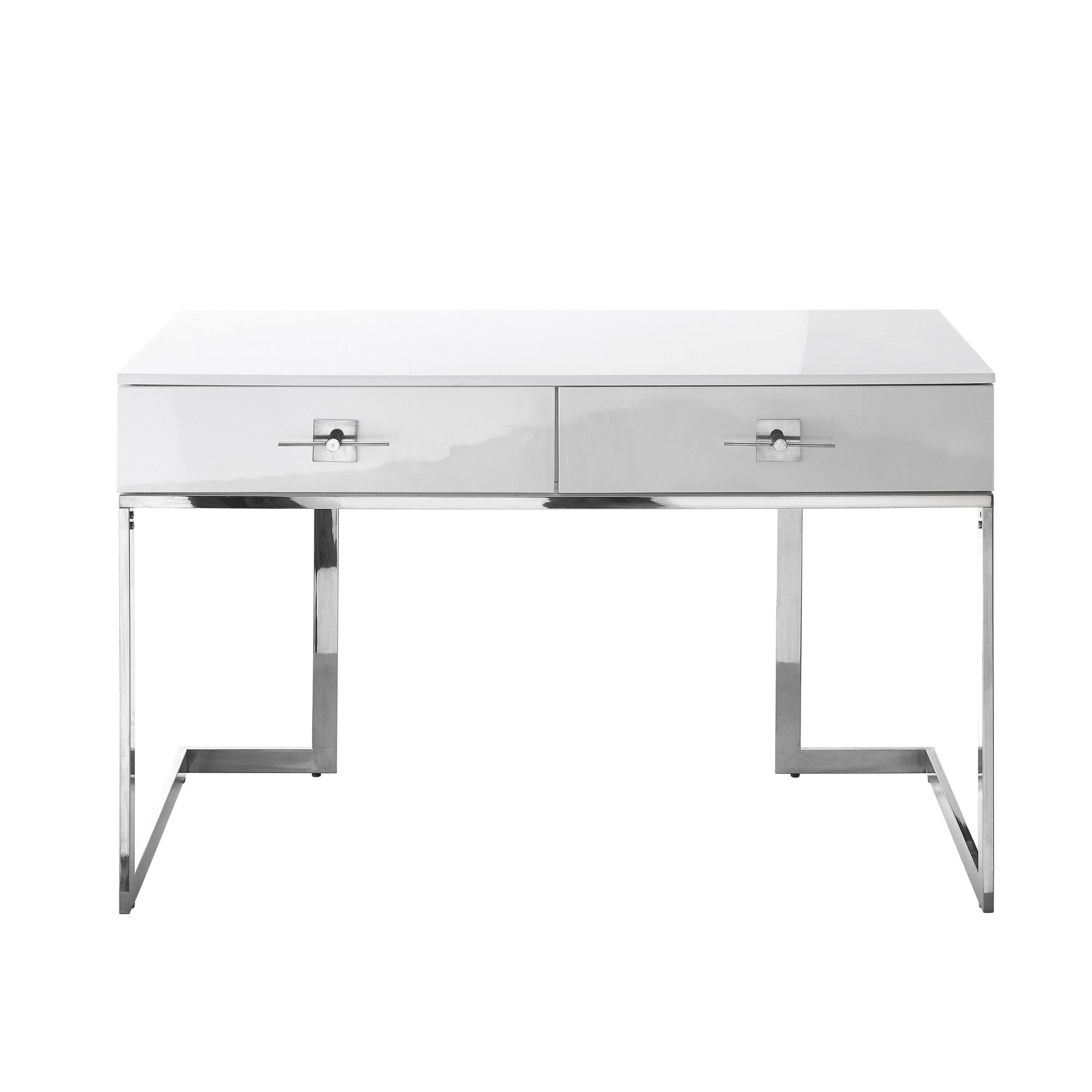 47 White and Silver Metallic Writing Desk With Two Drawers