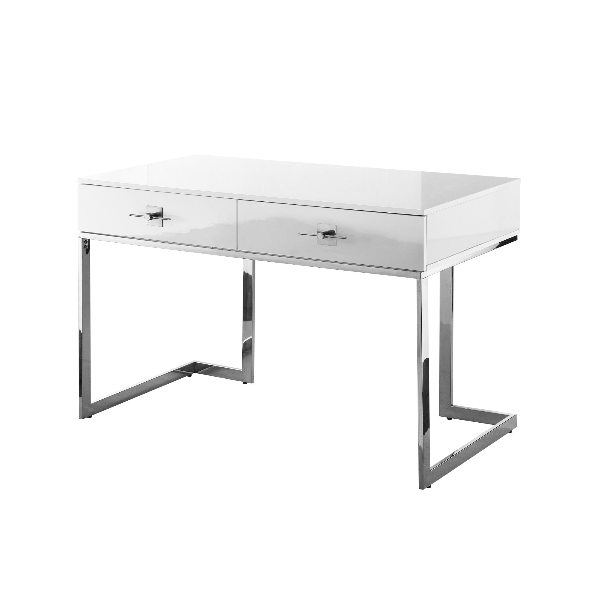 47 White and Silver Metallic Writing Desk With Two Drawers