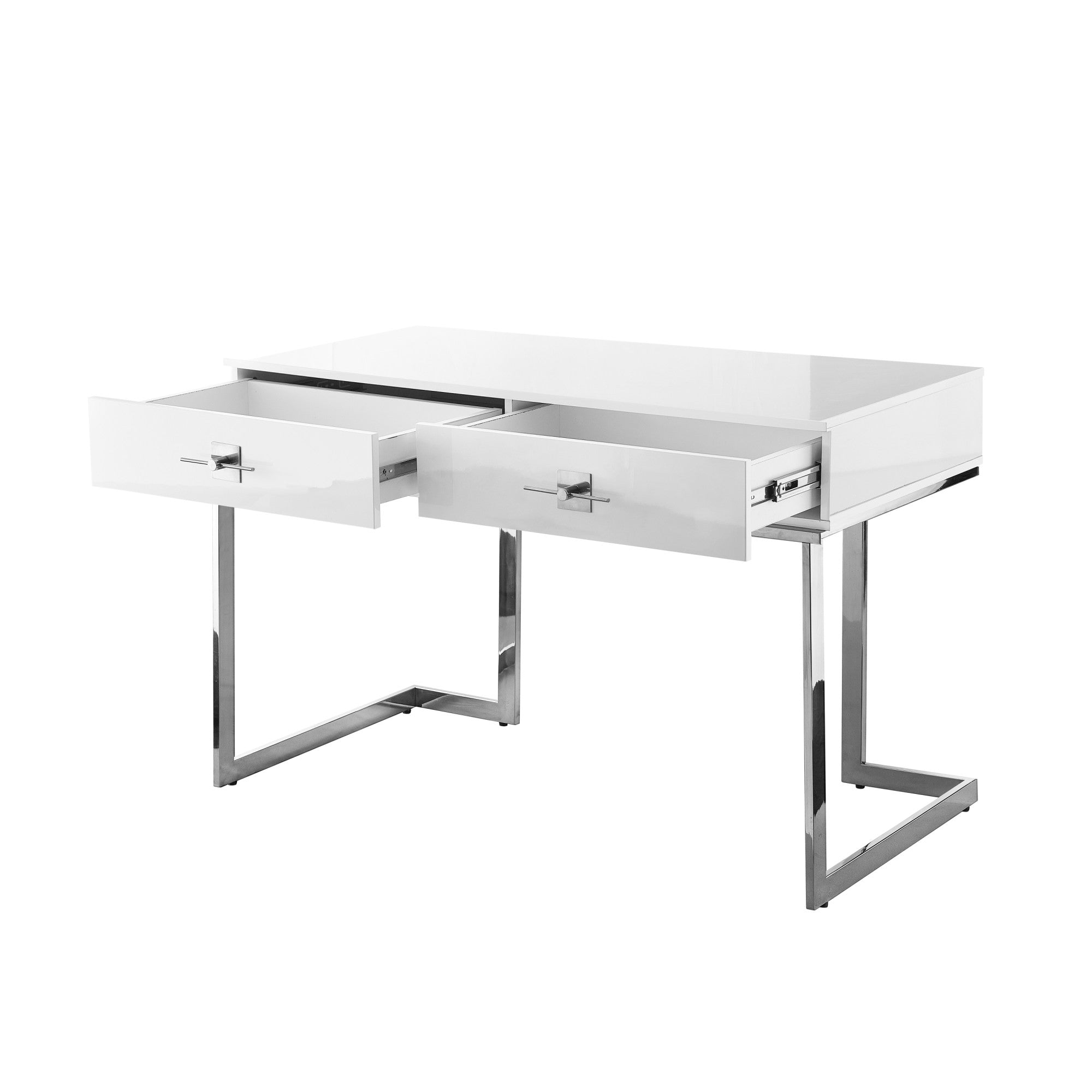 47 White and Silver Metallic Writing Desk With Two Drawers