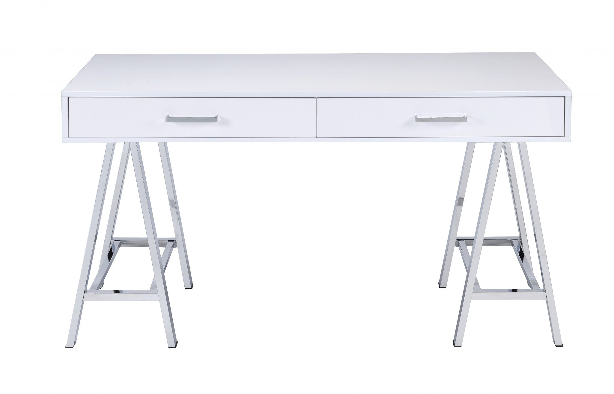 54 White and Silver Writing Desk With Two Drawers