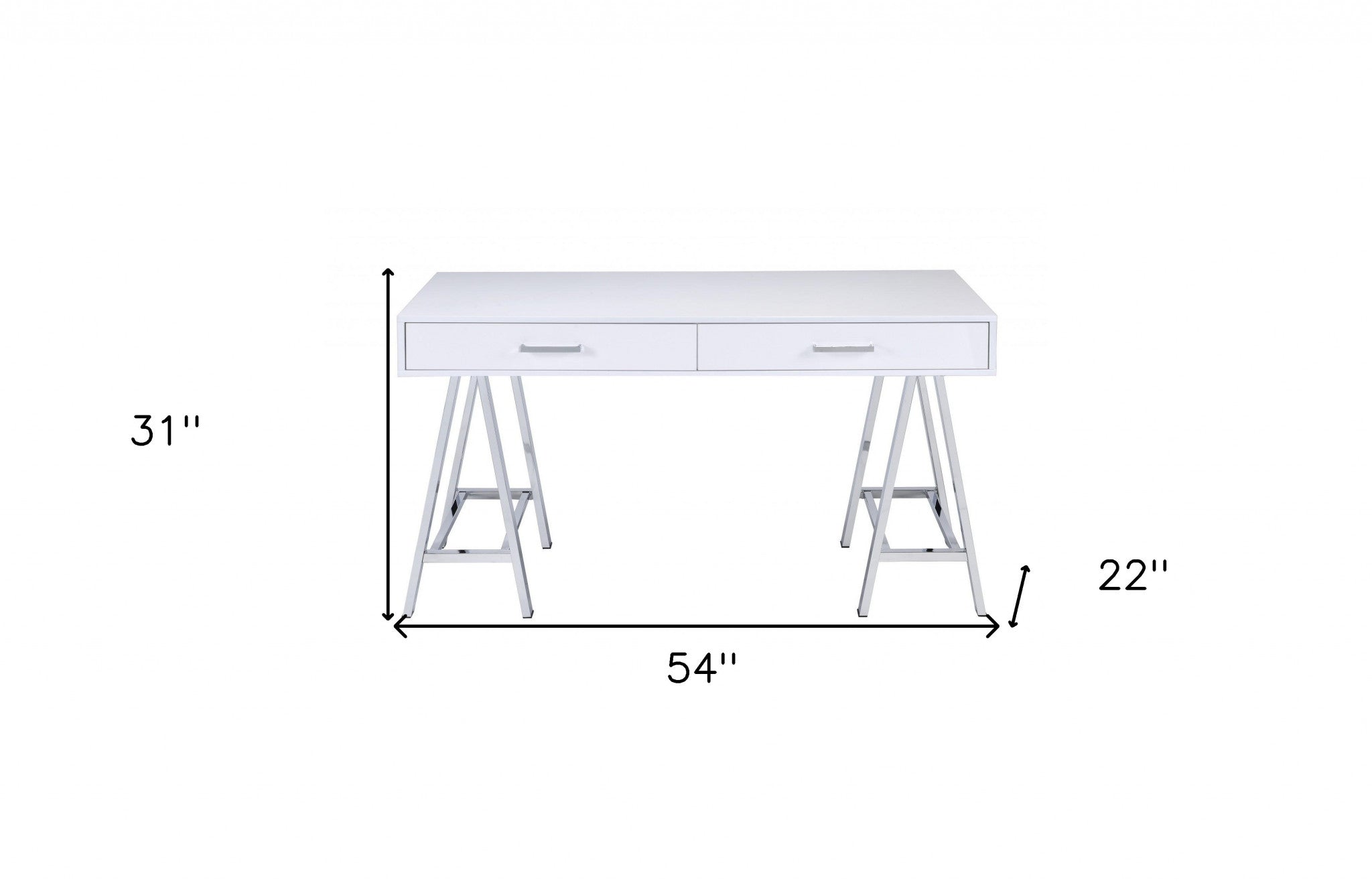 54 White and Silver Writing Desk With Two Drawers