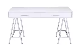 54 White and Silver Writing Desk With Two Drawers