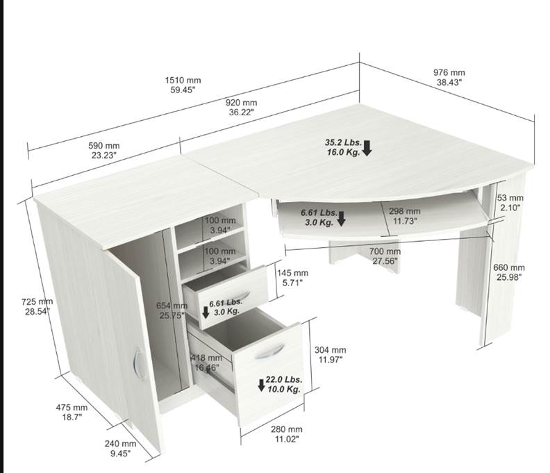 59 White Mirrored Computer Desk With Two Drawers