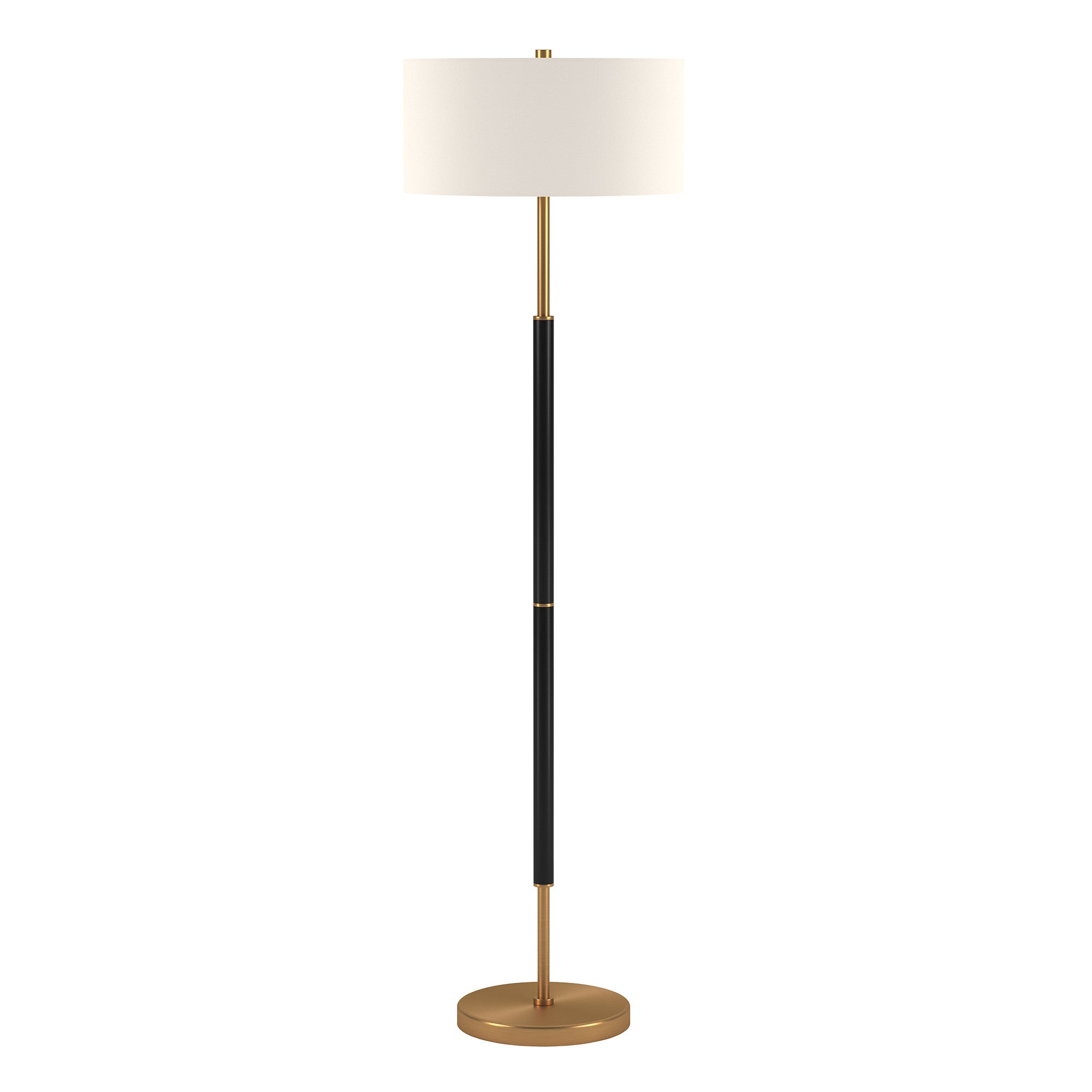 61 Black and Brass Two Light Floor Lamp With White Drum Shade