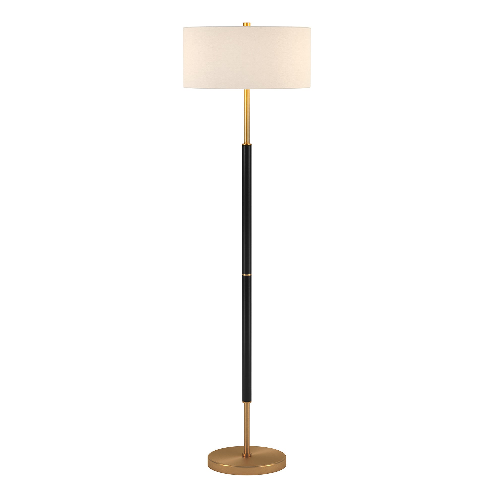 61 Black and Brass Two Light Floor Lamp With White Drum Shade