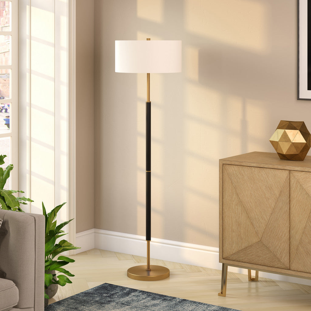 61 Black and Brass Two Light Floor Lamp With White Drum Shade