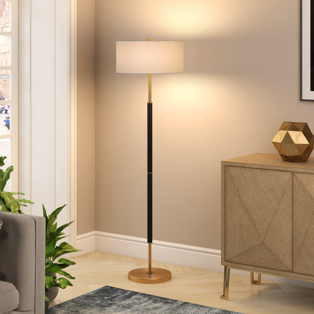 61 Black and Brass Two Light Floor Lamp With White Drum Shade