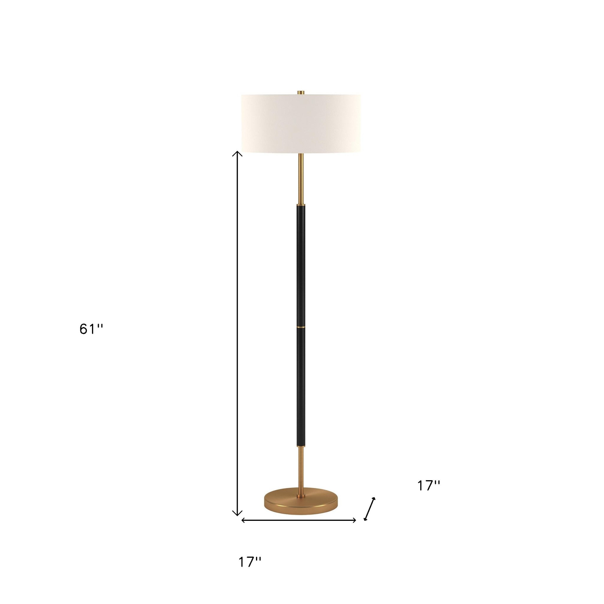 61 Black and Brass Two Light Floor Lamp With White Drum Shade