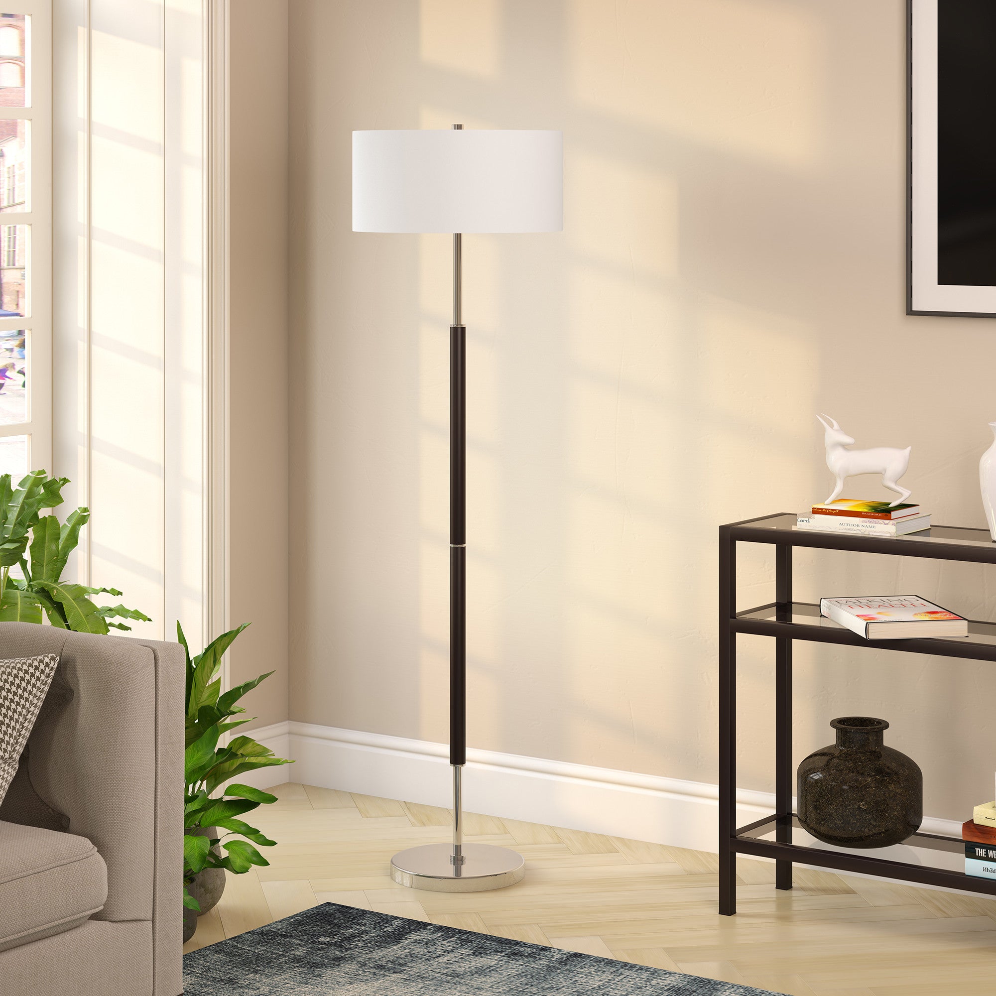 61 Black Two Light Floor Lamp With White Frosted Glass Drum Shade