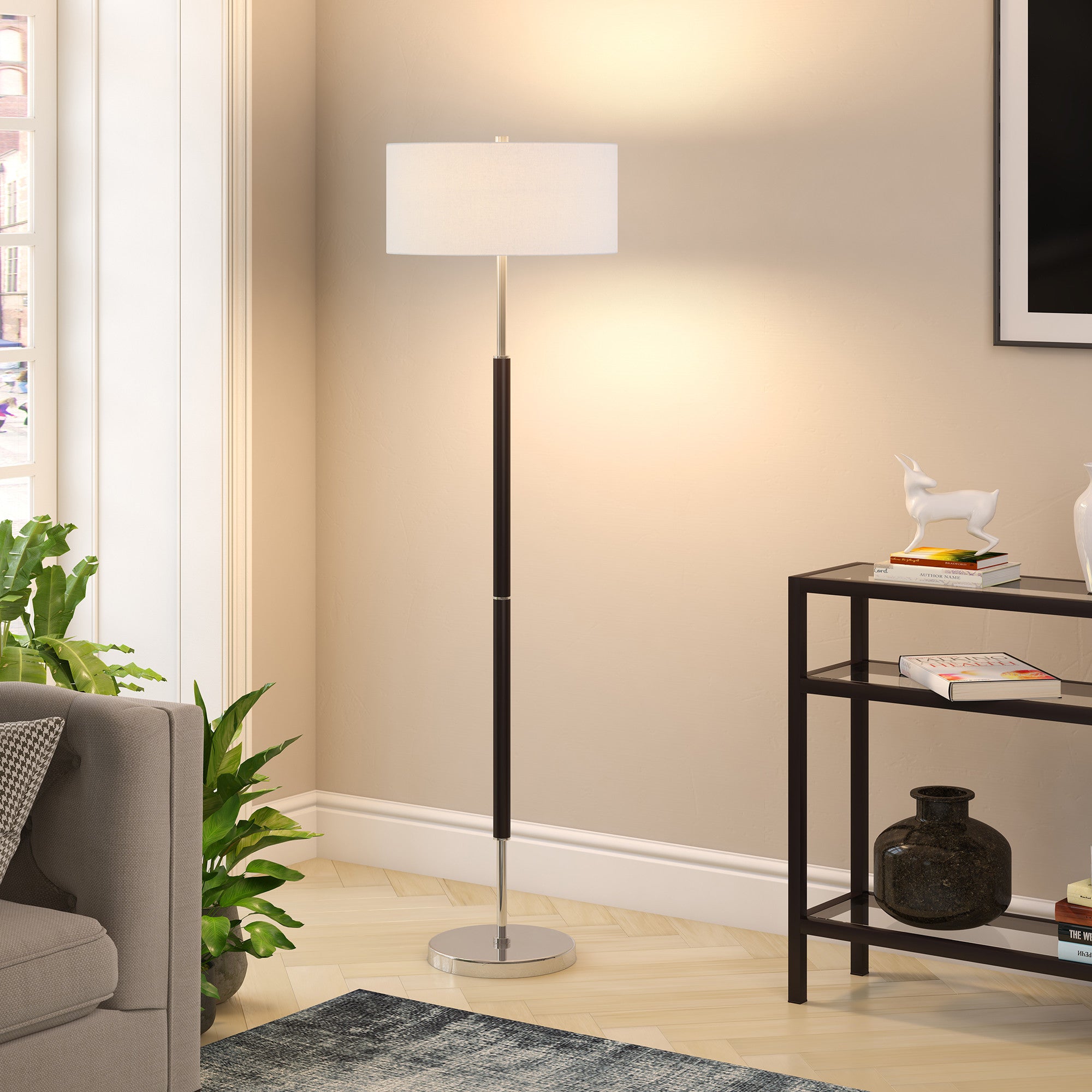 61 Black Two Light Floor Lamp With White Frosted Glass Drum Shade