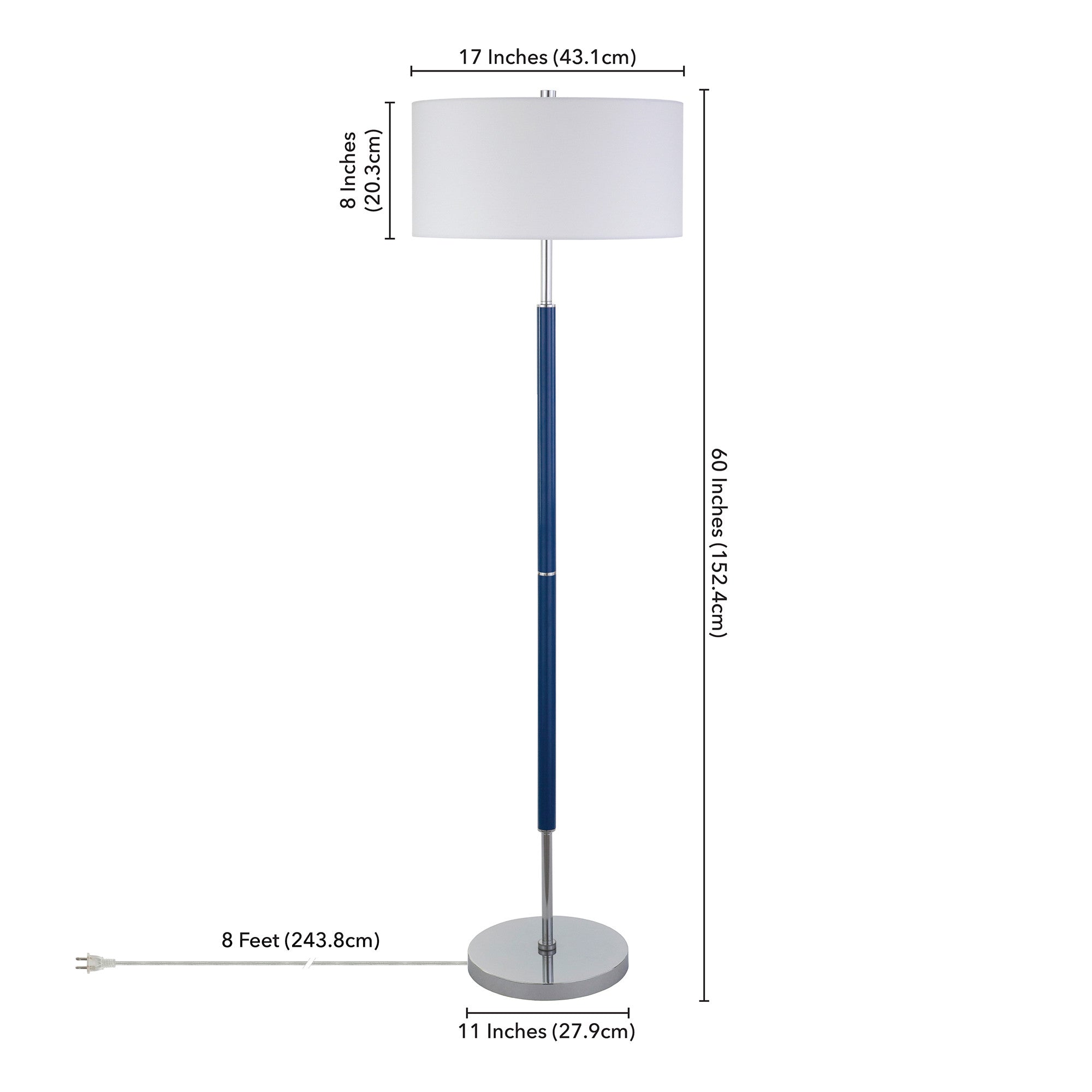 61 Blue Two Light Floor Lamp With White Frosted Glass Drum Shade