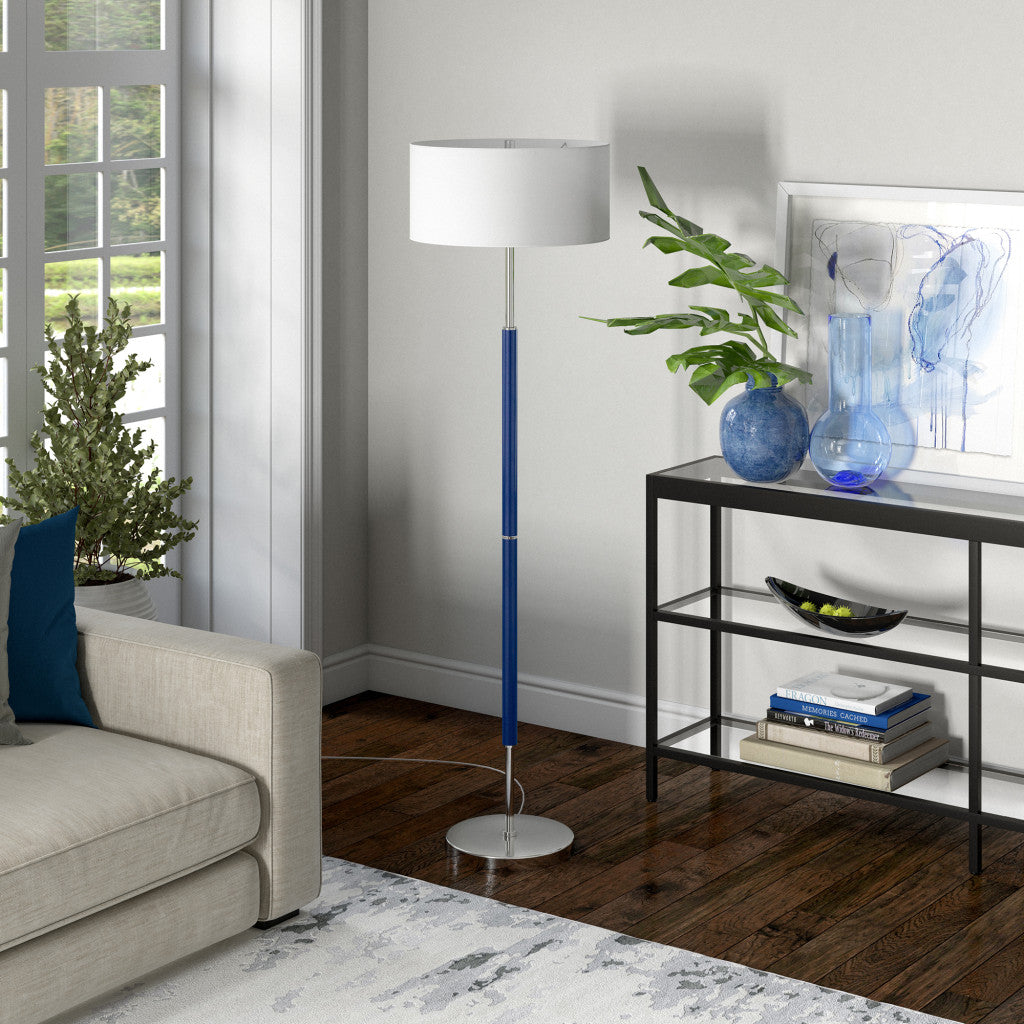 61 Blue Two Light Floor Lamp With White Frosted Glass Drum Shade