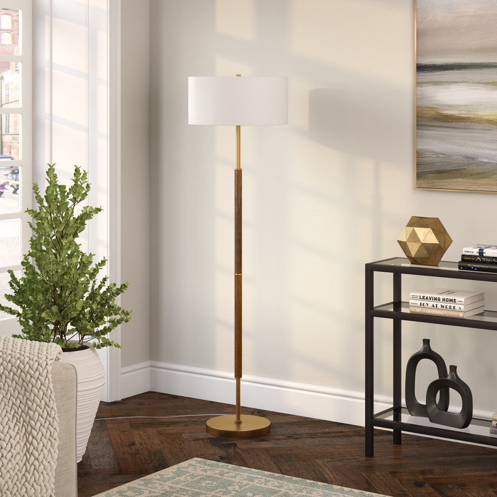 61 Brass Two Light Floor Lamp With White Frosted Glass Drum Shade