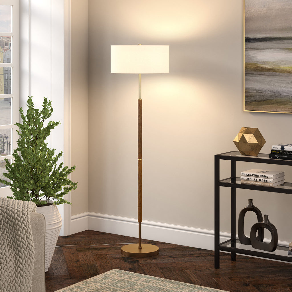 61 Brass Two Light Floor Lamp With White Frosted Glass Drum Shade