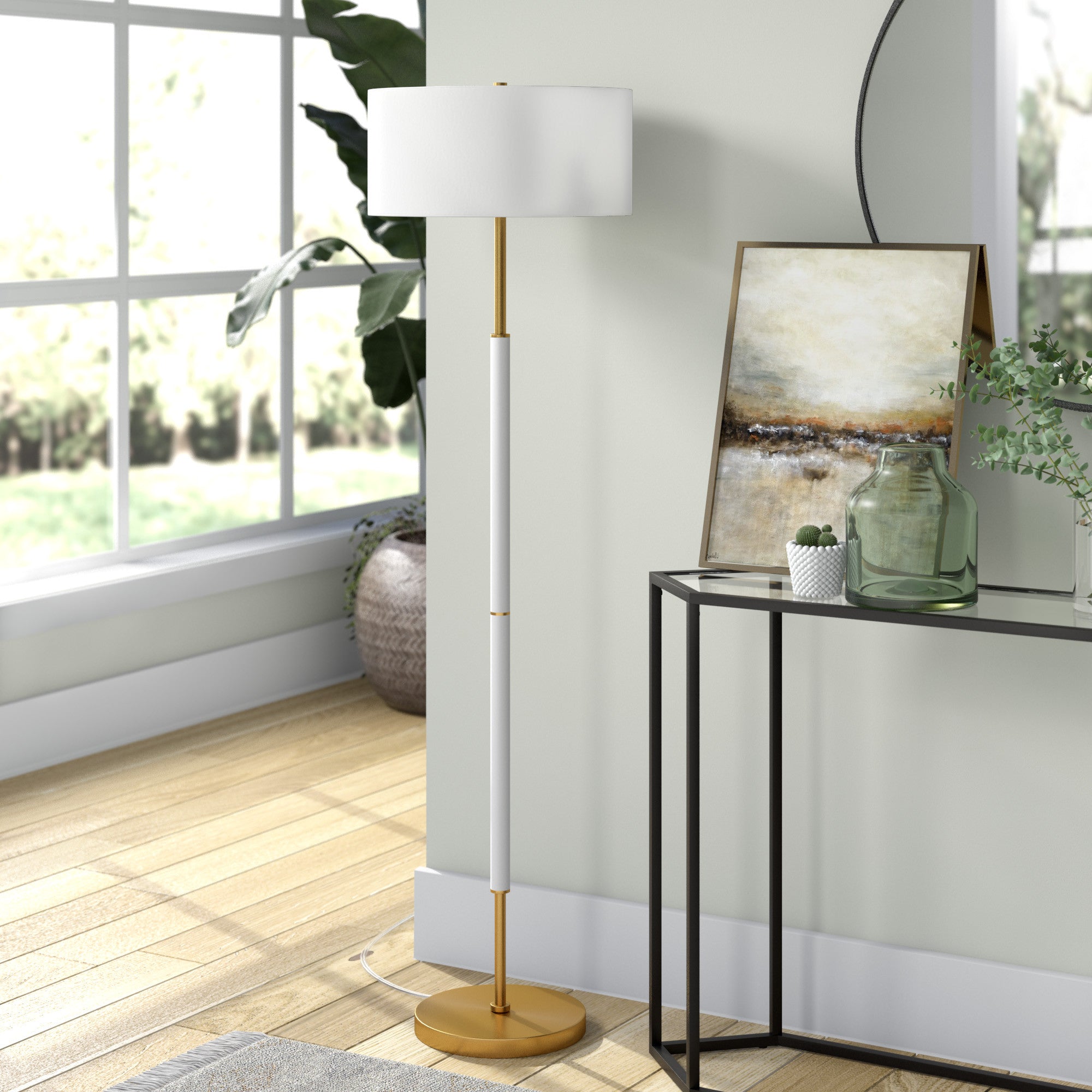 61 Brass Two Light Floor Lamp With White Frosted Glass Drum Shade