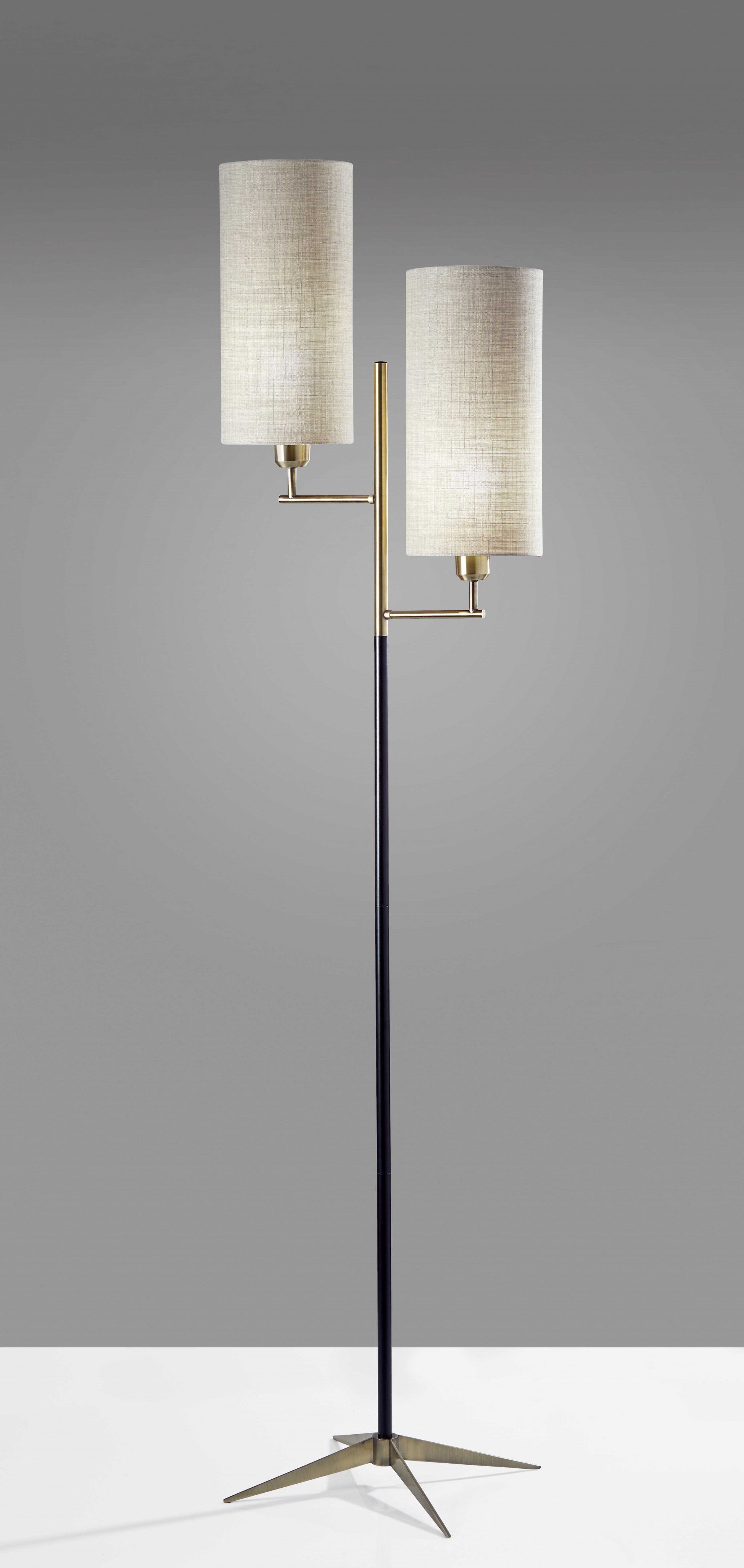 70 Brass Two Light Novelty Floor Lamp With White Drum Shade