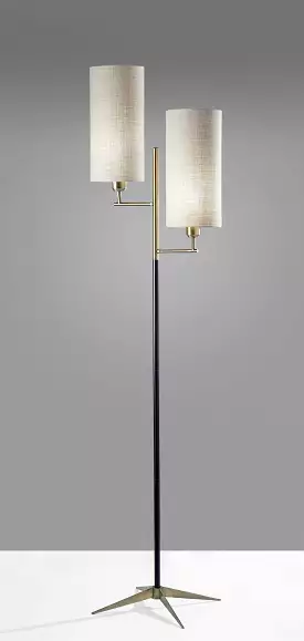 70 Brass Two Light Novelty Floor Lamp With White Drum Shade