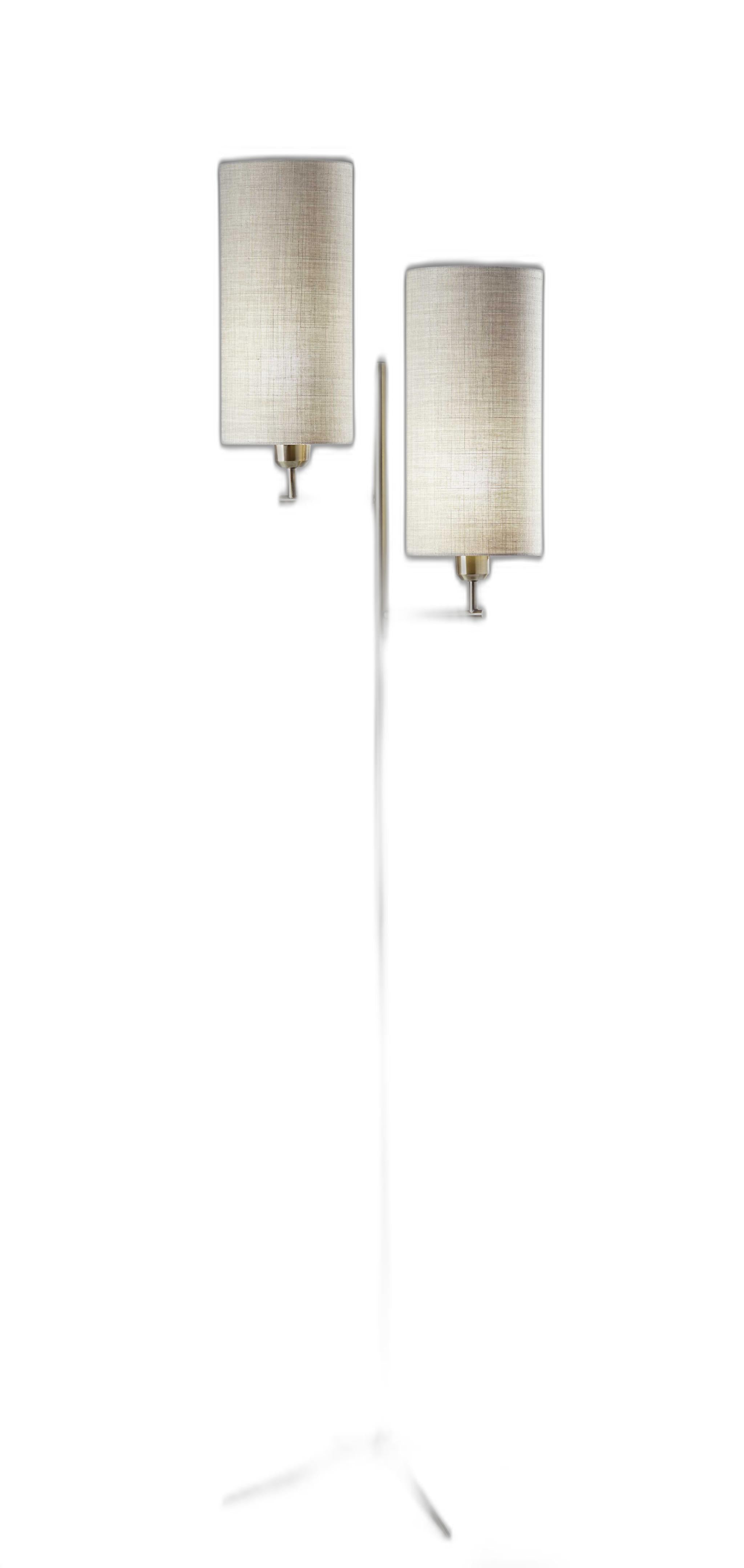 70 Brass Two Light Novelty Floor Lamp With White Drum Shade