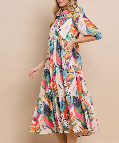 Abstract Print Button Up Dress - Multi