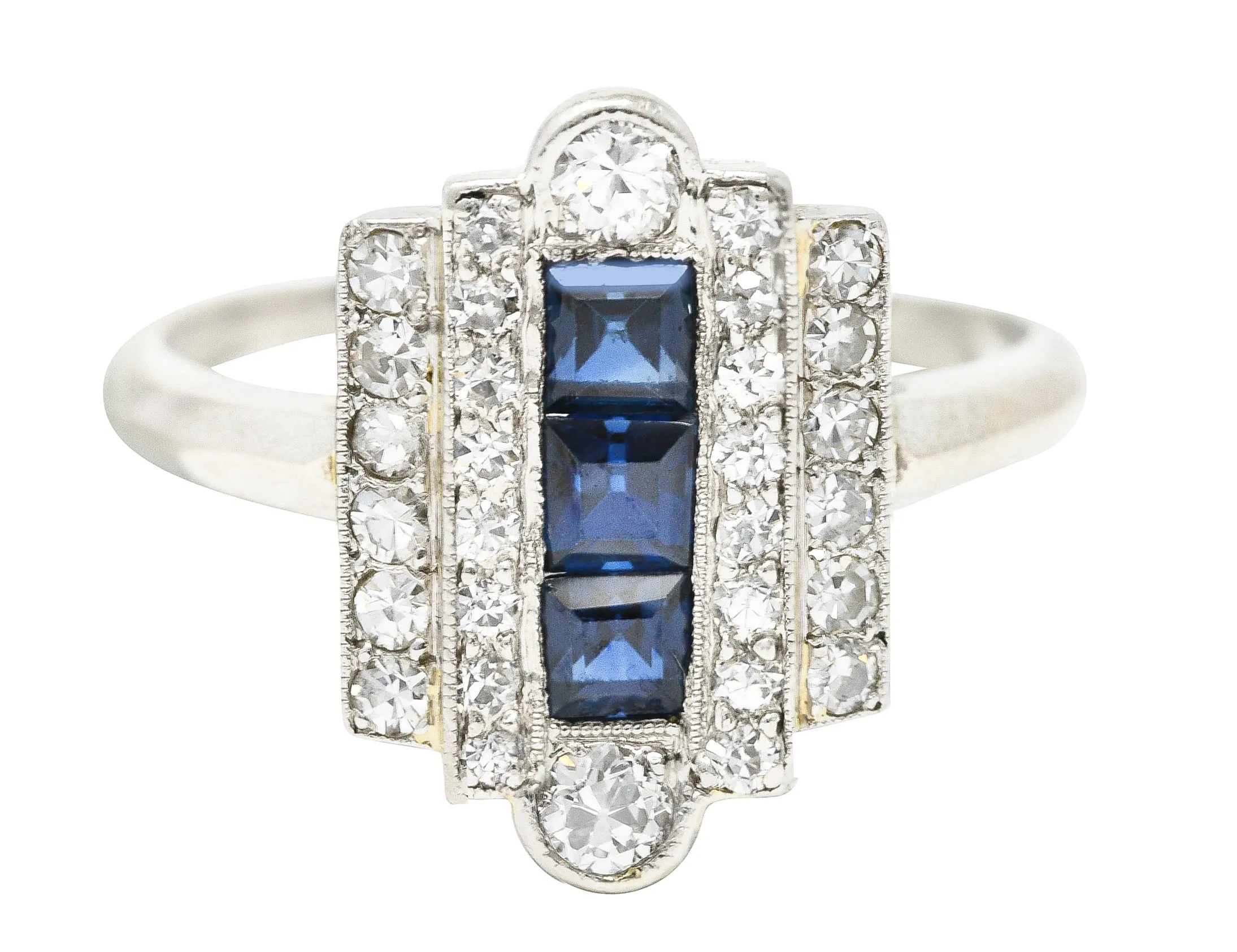 Art Deco 1.09 CTW Square Step Cut Sapphire Diamond 14 Karat White Gold Stepped Dinner Ring