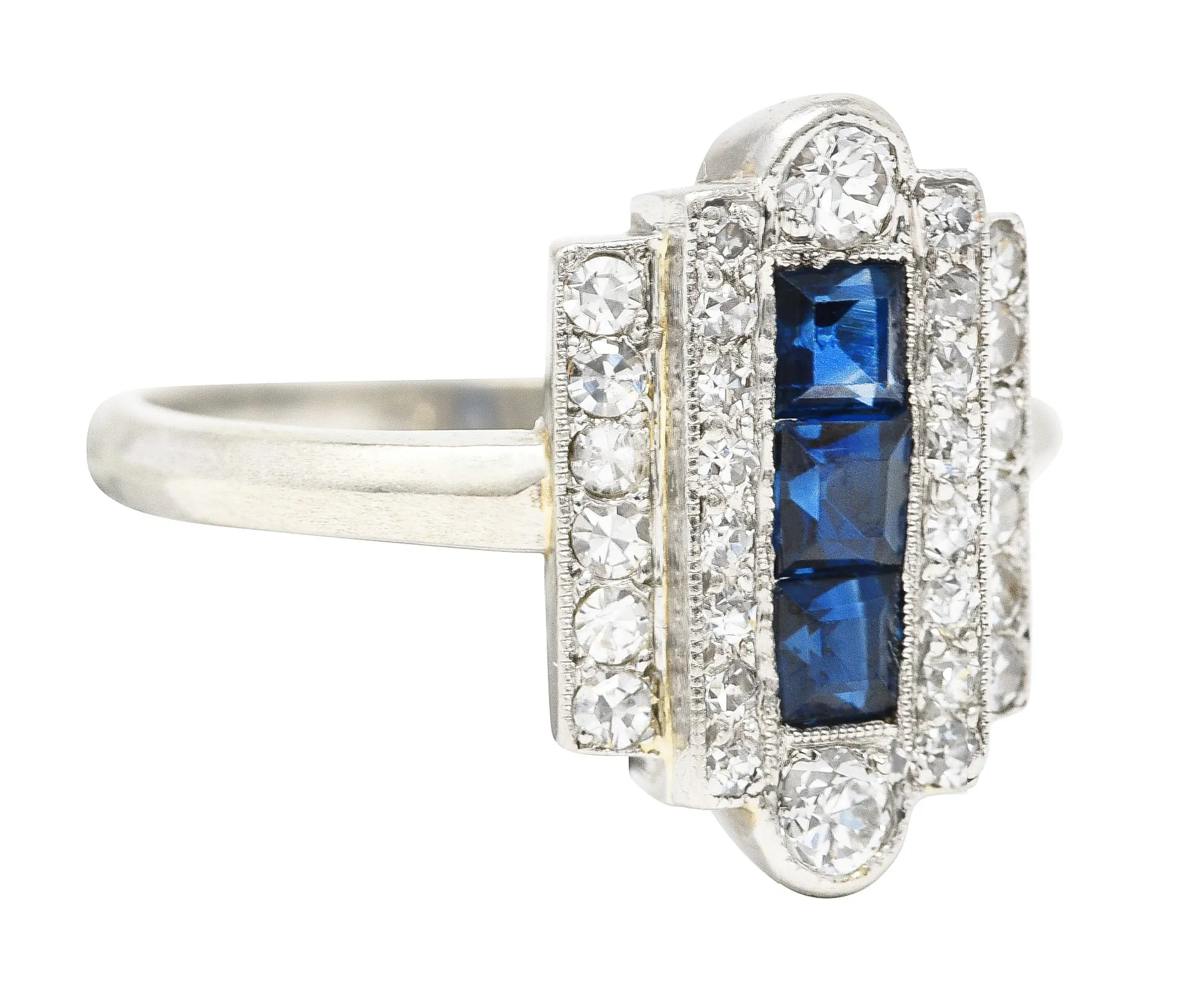 Art Deco 1.09 CTW Square Step Cut Sapphire Diamond 14 Karat White Gold Stepped Dinner Ring