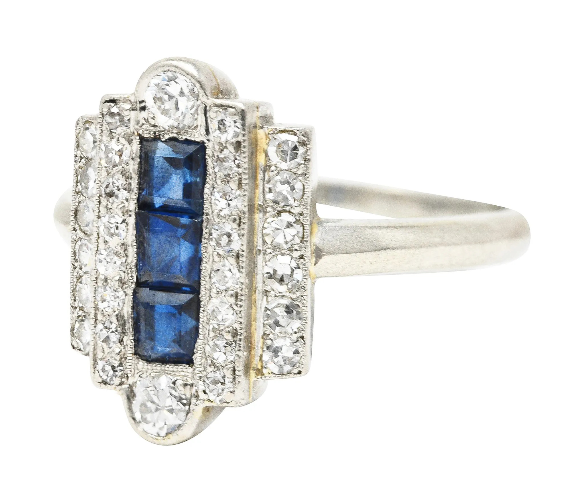 Art Deco 1.09 CTW Square Step Cut Sapphire Diamond 14 Karat White Gold Stepped Dinner Ring