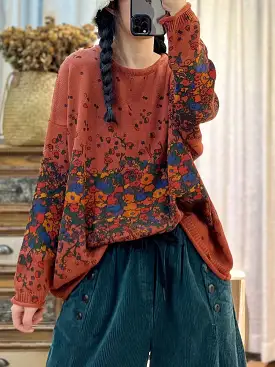 Autumn Artsy Loose Print O-Neck Long Sleeve Sweaters